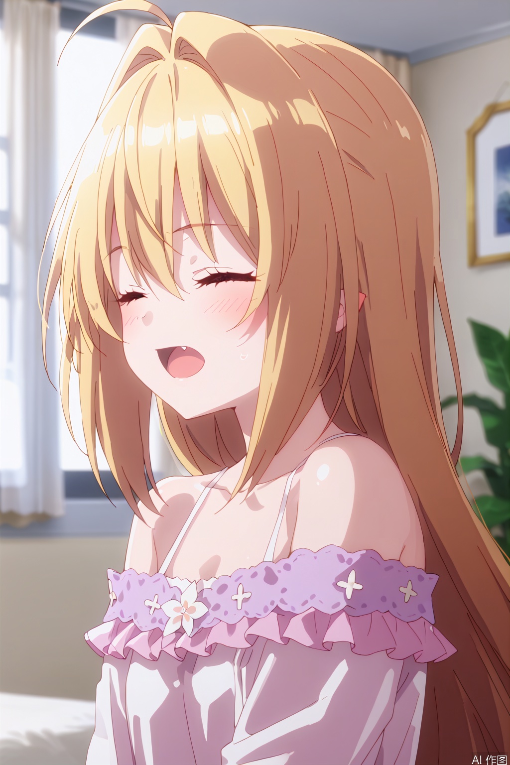 1girl, solo, long hair, blush, open mouth, bangs, blonde hair, shirt, hair between eyes, bare shoulders, very long hair, collarbone, closed eyes, upper body, ahoge, fang, shiny, indoors, off shoulder, blurry, shiny hair, blurry background, hair intakes, curtains, pyjamas