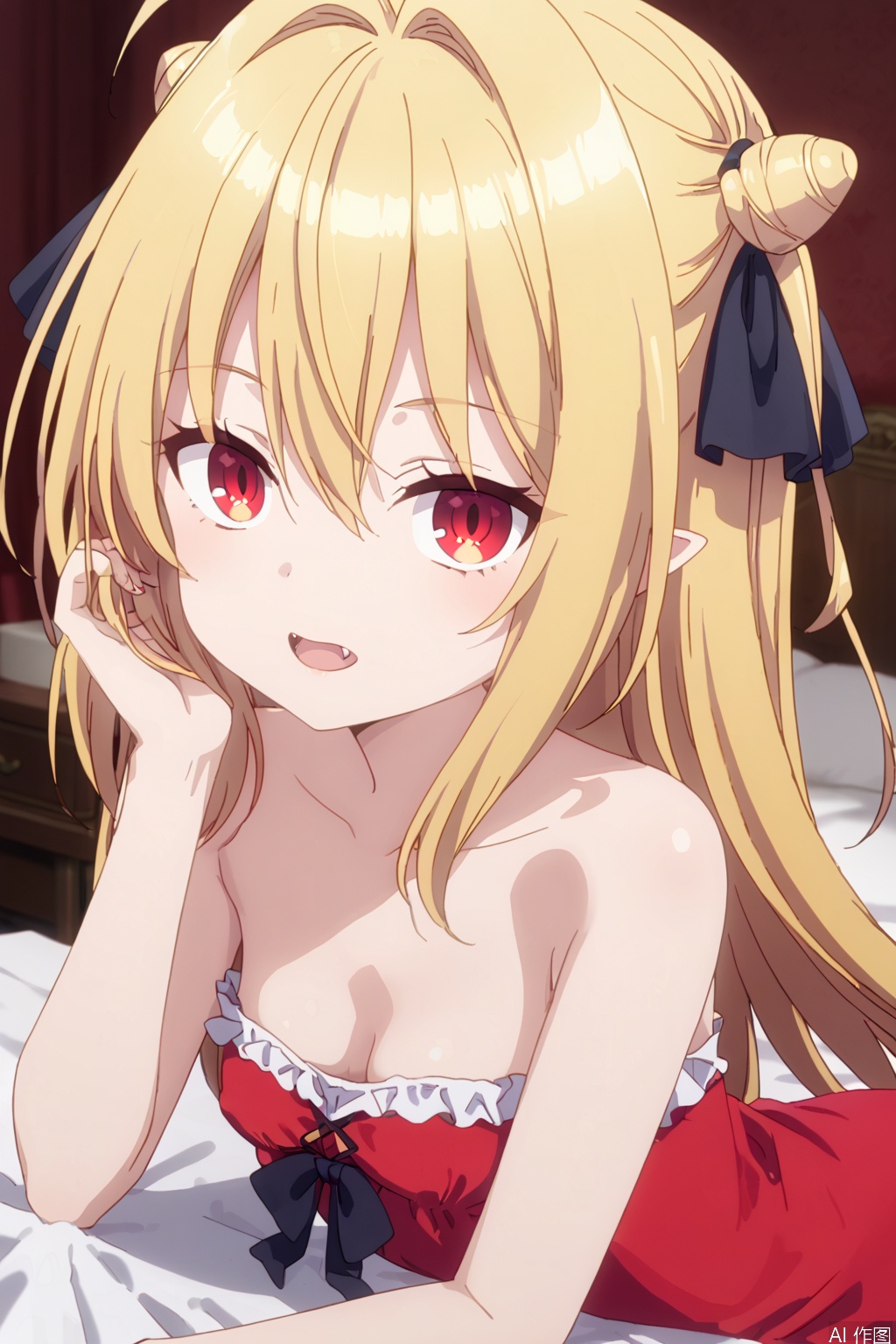 1girl,solo,long hair,breasts,bangs,blonde hair,red eyes,dress,ribbon,cleavage,hair between eyes,bare shoulders,collarbone,hair ribbon,ahoge,small breasts,frills,pointy ears,strapless,black ribbon,hair intakes,red dress,strapless dress,,,upper body,(slim:1.6),(open the mouth:1.2),bed,adjusting hair,one fangs,looking at viewer,loli,lie prone