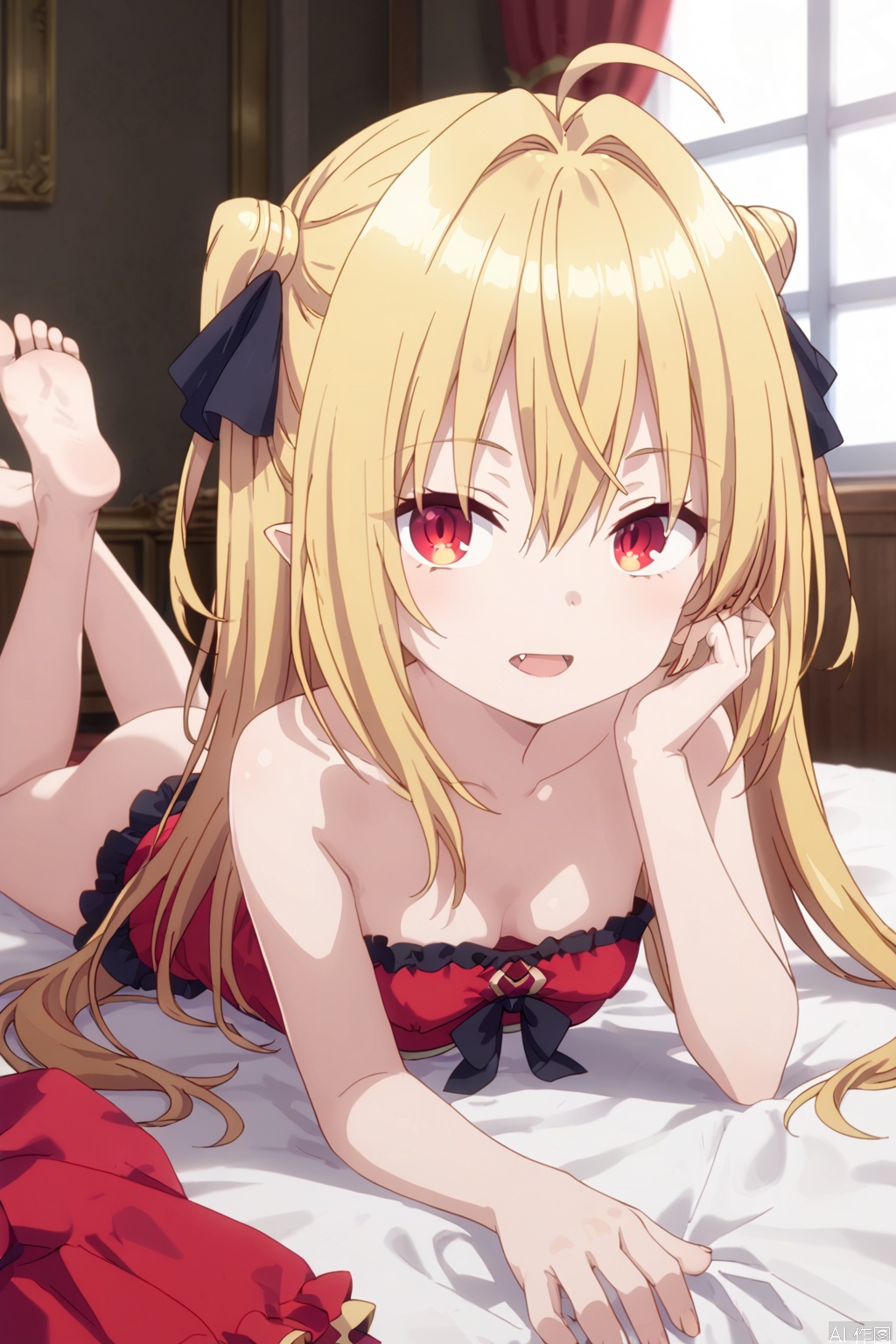 1girl,solo,long hair,breasts,bangs,blonde hair,red eyes,dress,ribbon,cleavage,hair between eyes,bare shoulders,collarbone,hair ribbon,ahoge,small breasts,frills,pointy ears,strapless,black ribbon,hair intakes,red dress,strapless dress,,,upper body,(slim:1.6),(open the mouth:1.2),bed,adjusting hair,one fangs,looking at viewer,loli,lie prone,butt,Thin legs,(black layered skirt:1.2),(bare feet:1.2)