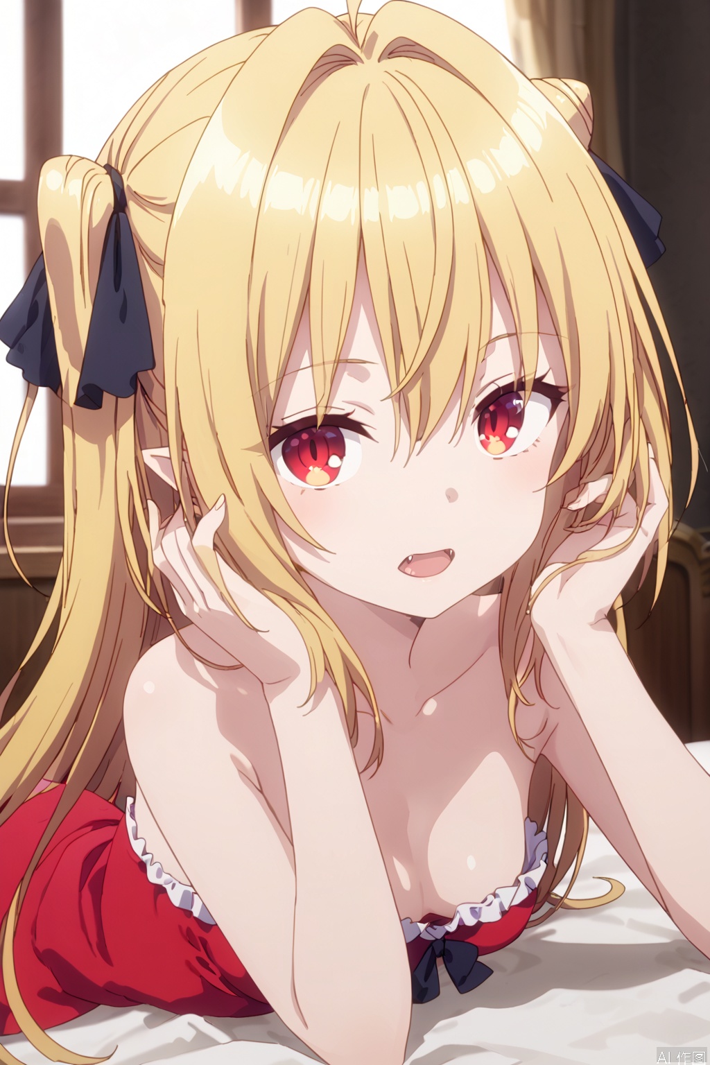 1girl,solo,long hair,breasts,bangs,blonde hair,red eyes,dress,ribbon,cleavage,hair between eyes,bare shoulders,collarbone,hair ribbon,ahoge,small breasts,frills,pointy ears,strapless,black ribbon,hair intakes,red dress,strapless dress,,,upper body,(slim:1.6),(open the mouth:1.2),bed,adjusting hair,one fangs,looking at viewer,loli,lie prone