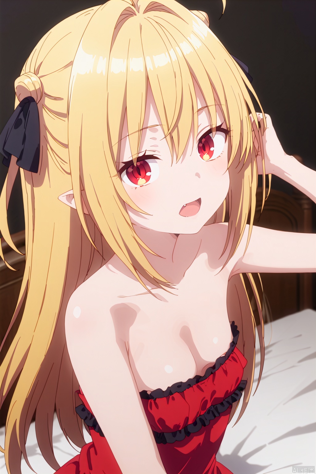 1girl,solo,long hair,breasts,bangs,blonde hair,red eyes,dress,ribbon,cleavage,hair between eyes,bare shoulders,collarbone,hair ribbon,ahoge,small breasts,frills,pointy ears,strapless,black ribbon,hair intakes,red dress,strapless dress,,loli,upper body,(slim:1.6),(open the mouth:1.2),bed,adjusting hair,one fangs,looking at viewer,