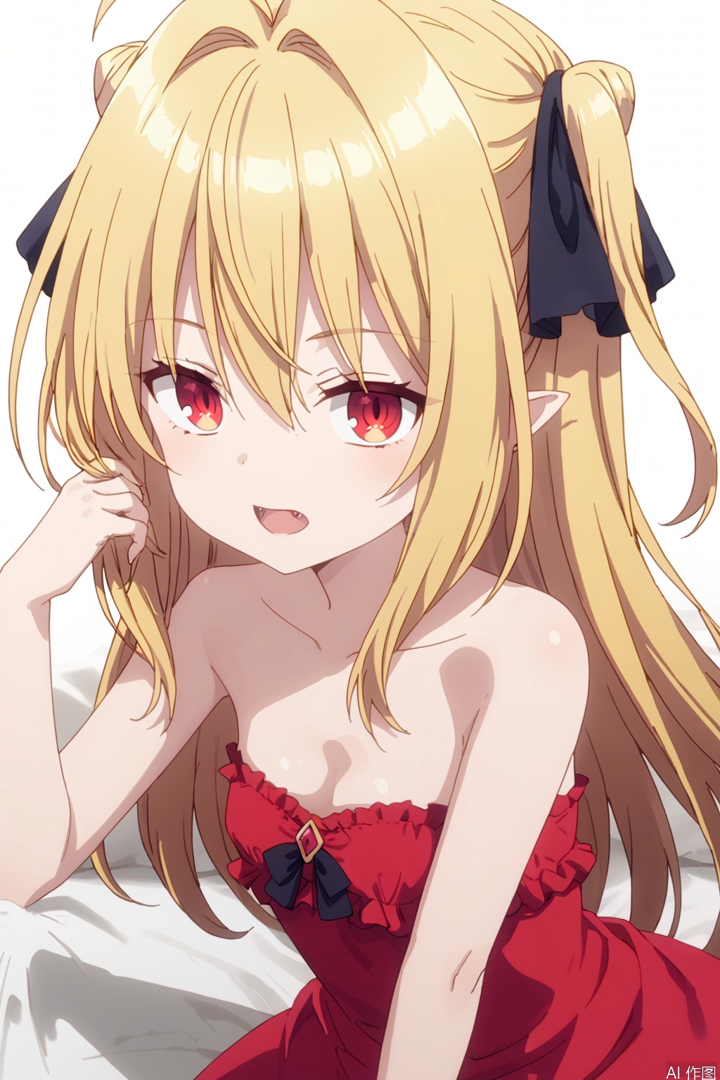 1girl,solo,long hair,breasts,bangs,blonde hair,red eyes,dress,ribbon,cleavage,hair between eyes,bare shoulders,collarbone,hair ribbon,ahoge,small breasts,frills,pointy ears,strapless,black ribbon,hair intakes,red dress,strapless dress,,loli,upper body,(slim:1.6),(open the mouth:1.2),bed,adjusting hair,one fangs,looking at viewer,