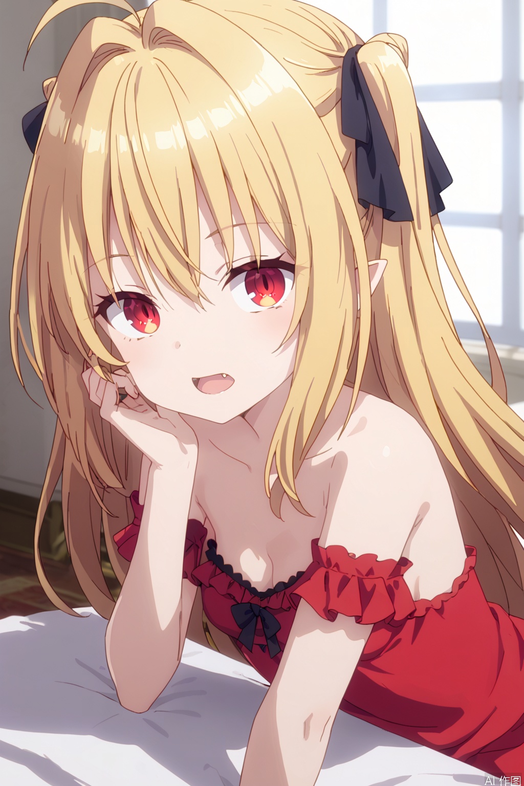 1girl,solo,long hair,breasts,bangs,blonde hair,red eyes,dress,ribbon,cleavage,hair between eyes,bare shoulders,collarbone,hair ribbon,ahoge,small breasts,frills,pointy ears,strapless,black ribbon,hair intakes,red dress,strapless dress,,loli,upper body,(slim:1.6),(open the mouth:1.2),bed,adjusting hair,one fangs,looking at viewer,