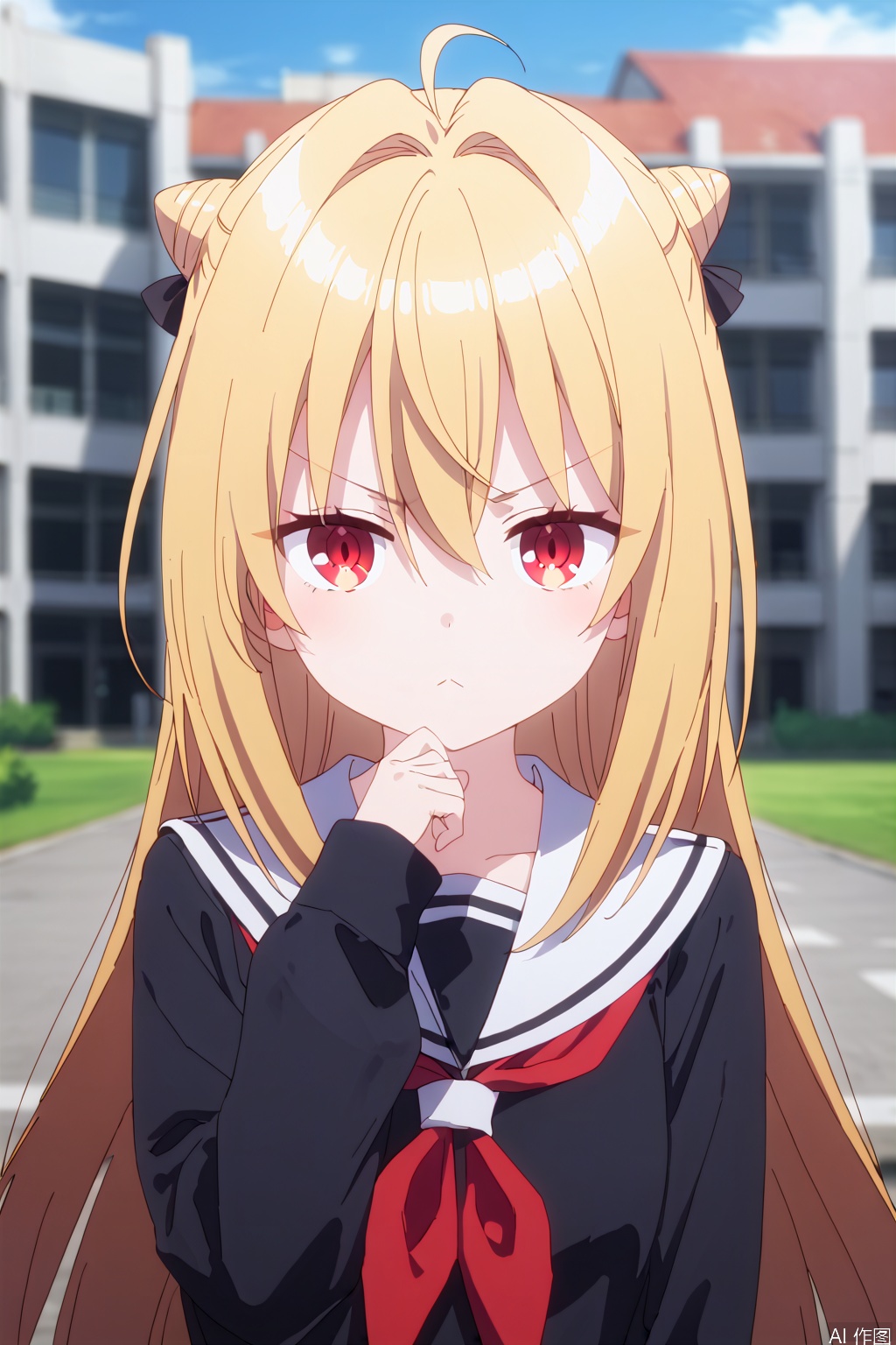 1girl,solo,long hair,looking at viewer,bangs,blonde hair,shirt,red eyes,long sleeves,hair between eyes,very long hair,closed mouth,school uniform,upper body,outdoors,serafuku,day,hand up,sailor collar,blurry,v-shaped eyebrows,sleeves past wrists,black shirt,depth of field,blurry background,frown,building,:<,sleeves past fingers,white sailor collar,yurigaoka girls academy school uniform,,