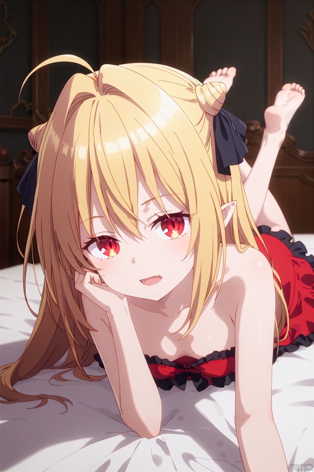 1girl,solo,long hair,breasts,bangs,blonde hair,red eyes,dress,ribbon,cleavage,hair between eyes,bare shoulders,collarbone,hair ribbon,ahoge,small breasts,frills,pointy ears,strapless,black ribbon,hair intakes,red dress,strapless dress,,,upper body,(slim:1.6),(open the mouth:1.2),bed,adjusting hair,one fangs,looking at viewer,loli,lie prone,butt,Thin legs,(black layered skirt:1.2),bare feet