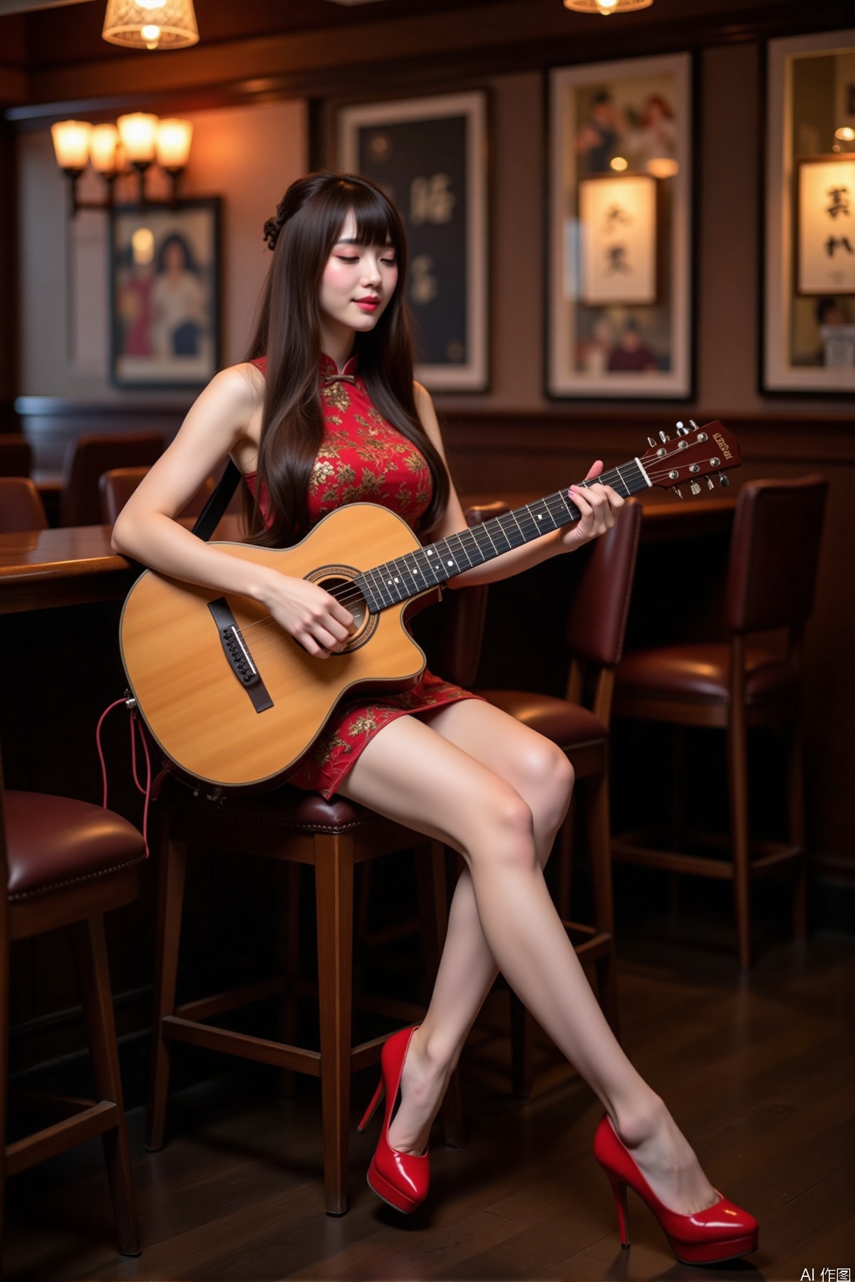 Realistic photo of a young woman with long hair, fair skin, big breasts, beautiful short cheongsam, long legs, red high heels, full body, sitting, playing guitar and singing in the bar,