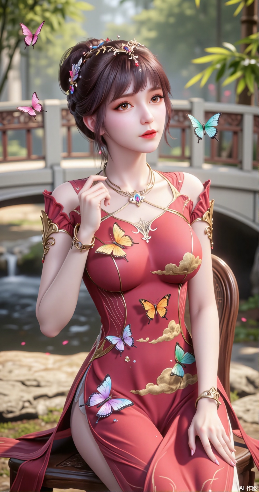 In a classical Chinese courtyard, a woman sits gracefully on a redwood chair. She wears a red Hanfu gown, embroidered with golden clouds and colorful butterflies, featuring shades of pink, orange, lavender, and emerald green, each butterfly lifelike. The hem of her dress sways gently with her movements.

Her upper body is clad in a light gold-colored short jacket, with pearl buttons on the cuffs and collar, simple yet elegant. She wears a pair of golden bracelets, set with colorful gems, matching the butterfly motifs on her dress.

Her hair is styled in an intricate bun, adorned with golden hairpins and colorful ribbons, which sway gently in the breeze. Several real butterflies flutter around her, their wings shimmering with colors that echo her attire. They land on her shoulders and dress, blending seamlessly with her outfit.

The background features a white marble bridge over a flowing stream, with bamboo leaves swaying in the breeze. Sunlight filters through the leaves, casting dappled light on the ground, creating a dreamlike atmosphere.