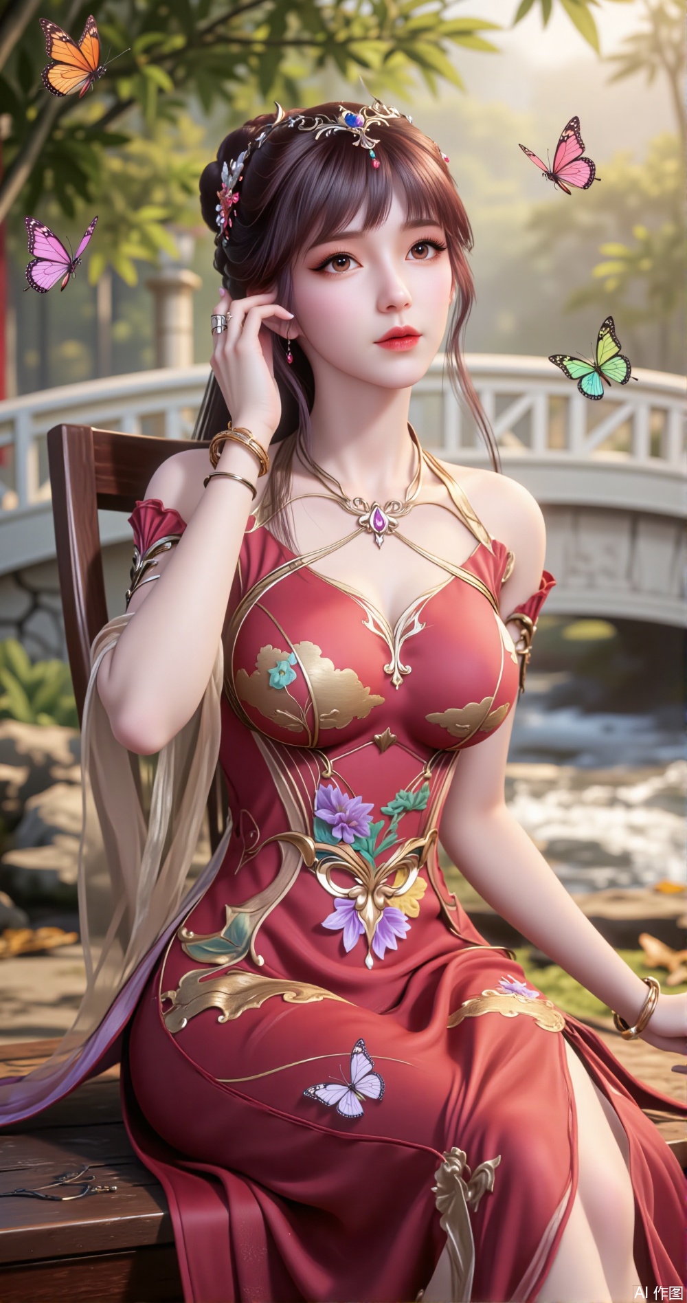In a classical Chinese courtyard, a woman sits gracefully on a redwood chair. She wears a red Hanfu gown, embroidered with golden clouds and colorful butterflies, featuring shades of pink, orange, lavender, and emerald green, each butterfly lifelike. The hem of her dress sways gently with her movements.

Her upper body is clad in a light gold-colored short jacket, with pearl buttons on the cuffs and collar, simple yet elegant. She wears a pair of golden bracelets, set with colorful gems, matching the butterfly motifs on her dress.

Her hair is styled in an intricate bun, adorned with golden hairpins and colorful ribbons, which sway gently in the breeze. Several real butterflies flutter around her, their wings shimmering with colors that echo her attire. They land on her shoulders and dress, blending seamlessly with her outfit.

The background features a white marble bridge over a flowing stream, with bamboo leaves swaying in the breeze. Sunlight filters through the leaves, casting dappled light on the ground, creating a dreamlike atmosphere.