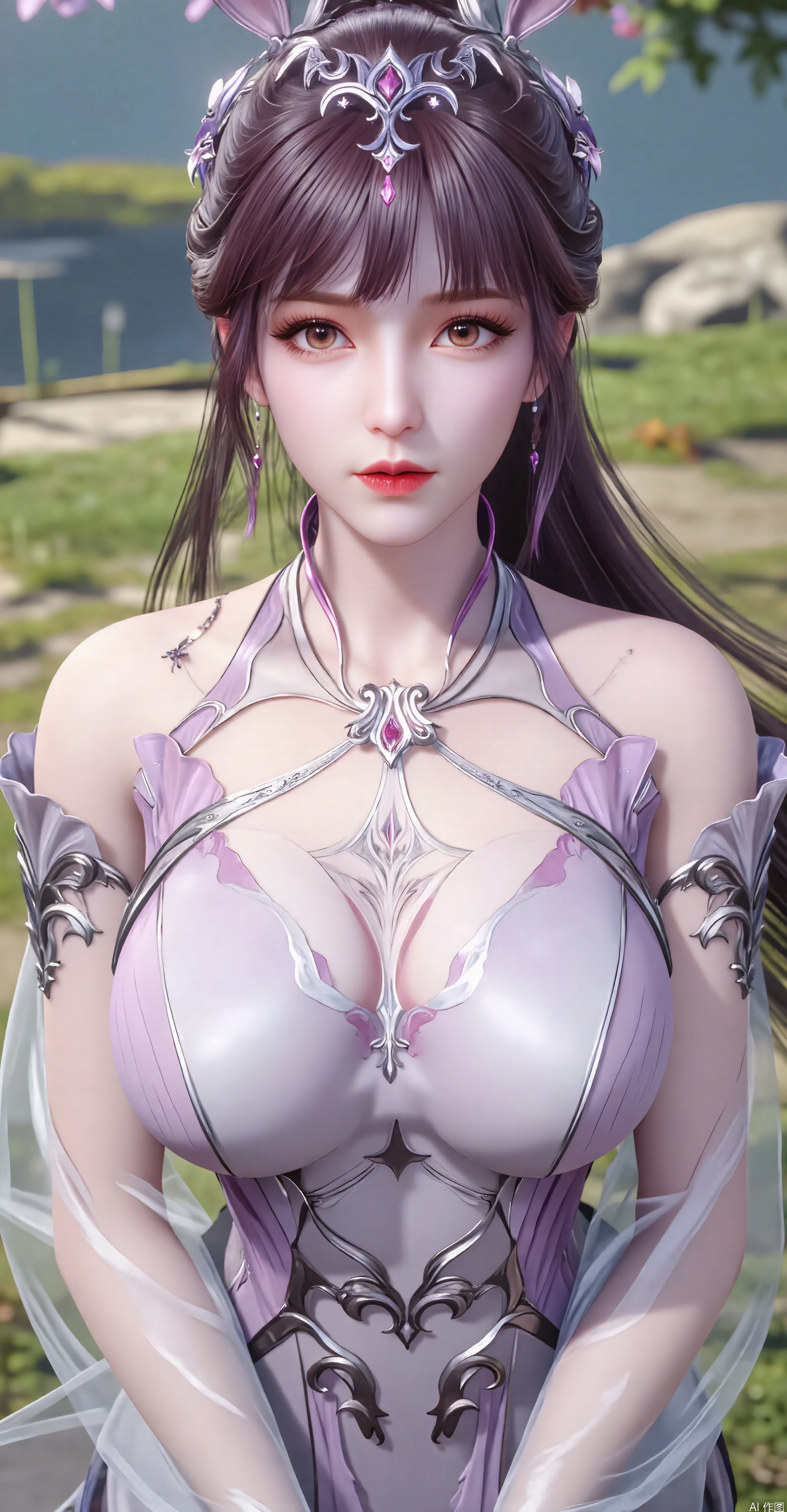 1 Girl, single, chest, long hair, cleavage, transparent, realistic, mature female, fair skin, purple hair, red lips, eyeshadow, eyelashes, forehead mark, water colored eyes, cheongsam, Chinese dress, wedding dress, wallpaper, daytime, grass, lake, butterfly, denim, medium chest
