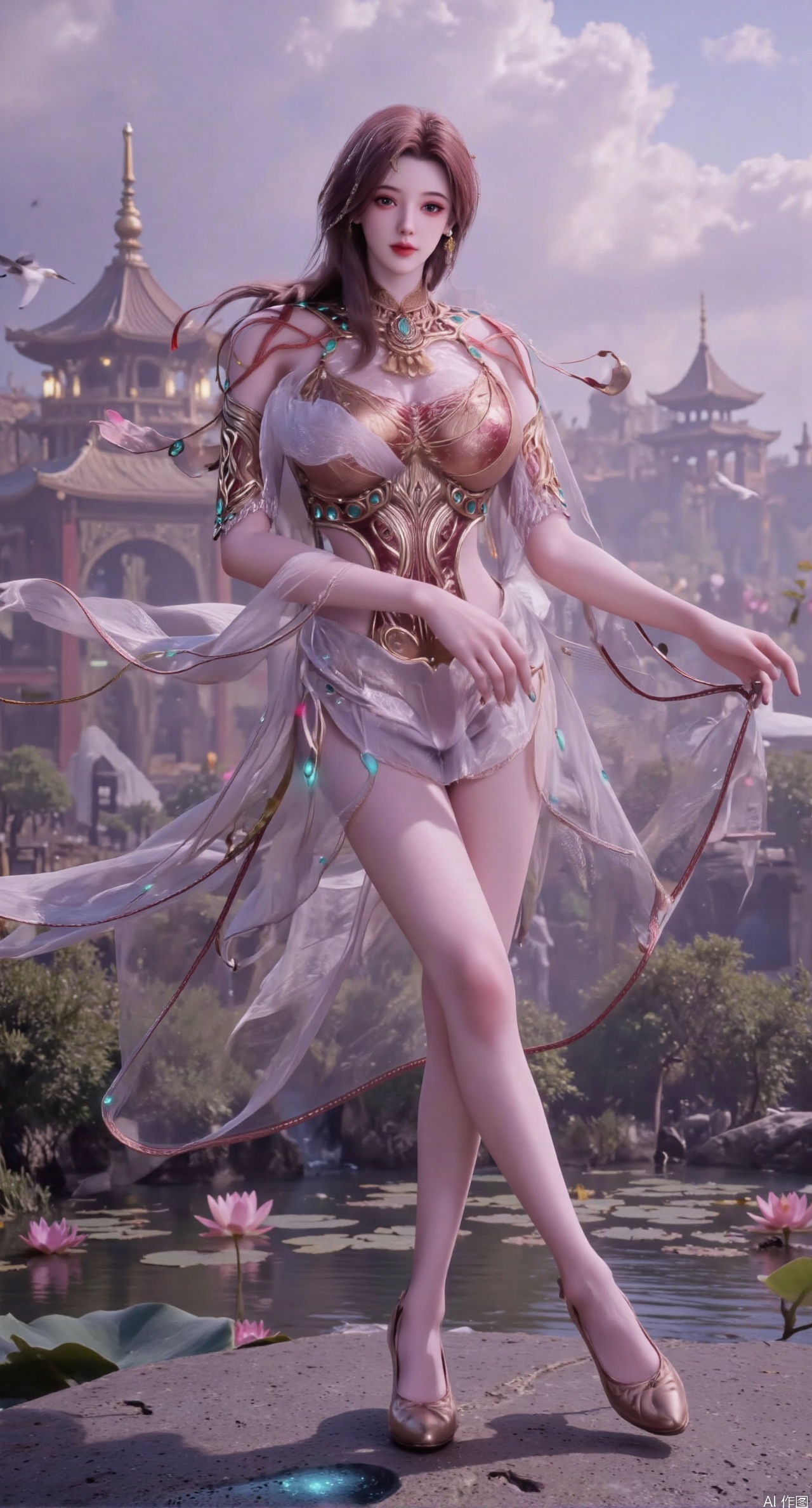 SFW,(masterpiece:1.2),best quality,1girl,solo,long hair,long dress,celestial maiden in flowing tulle gown levitates above lotus pond, ethereal mist trails from hair ribbons, mythical Penglai paradise emerges through clouds with glowing pavilions, translucent bioluminescent lotus blooms, flock of cranes gliding over water surface, ultra HD with soft 3D rendering, morning light filters through mist, falling petal rain, intricate details on scale-patterned fabric and lotus veins.(huge breasts:2.99),(full breasts:2.99),XanmiaoyiY,XhuolingerHHY,XwangqiuerKQW,Xxuenv,Xnanqiuqiu