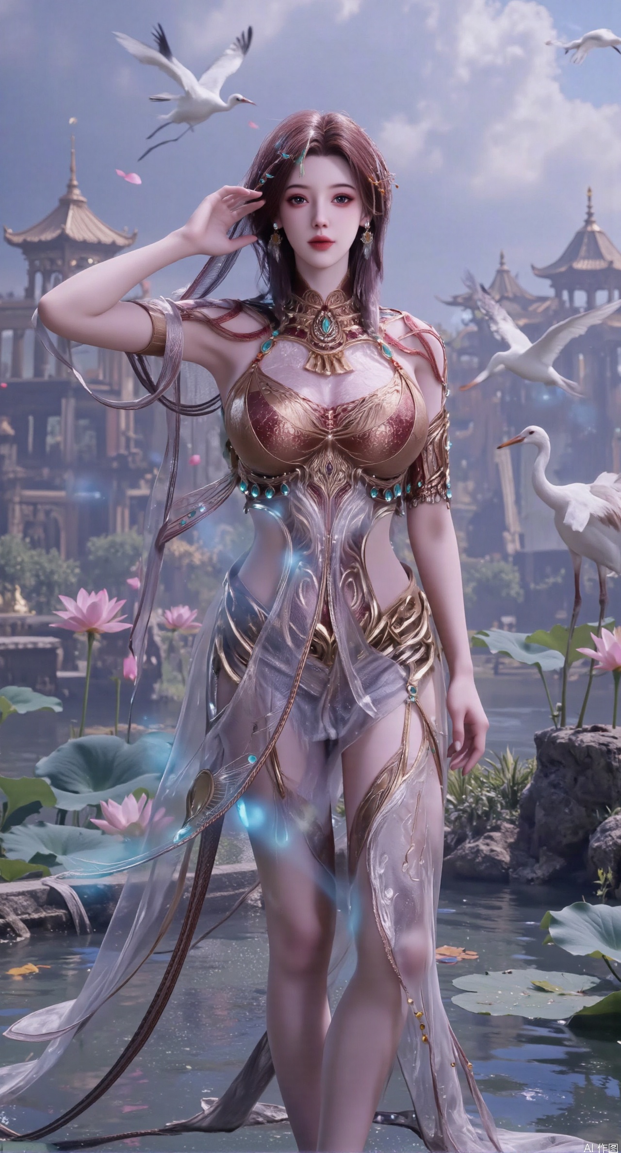 SFW,(masterpiece:1.2),best quality,1girl,solo,long hair,long dress,celestial maiden in flowing tulle gown levitates above lotus pond, ethereal mist trails from hair ribbons, mythical Penglai paradise emerges through clouds with glowing pavilions, translucent bioluminescent lotus blooms, flock of cranes gliding over water surface, ultra HD with soft 3D rendering, morning light filters through mist, falling petal rain, intricate details on scale-patterned fabric and lotus veins.(huge breasts:2.99),(full breasts:2.99),XanmiaoyiY,XhuolingerHHY,XwangqiuerKQW,Xxuenv,Xnanqiuqiu
