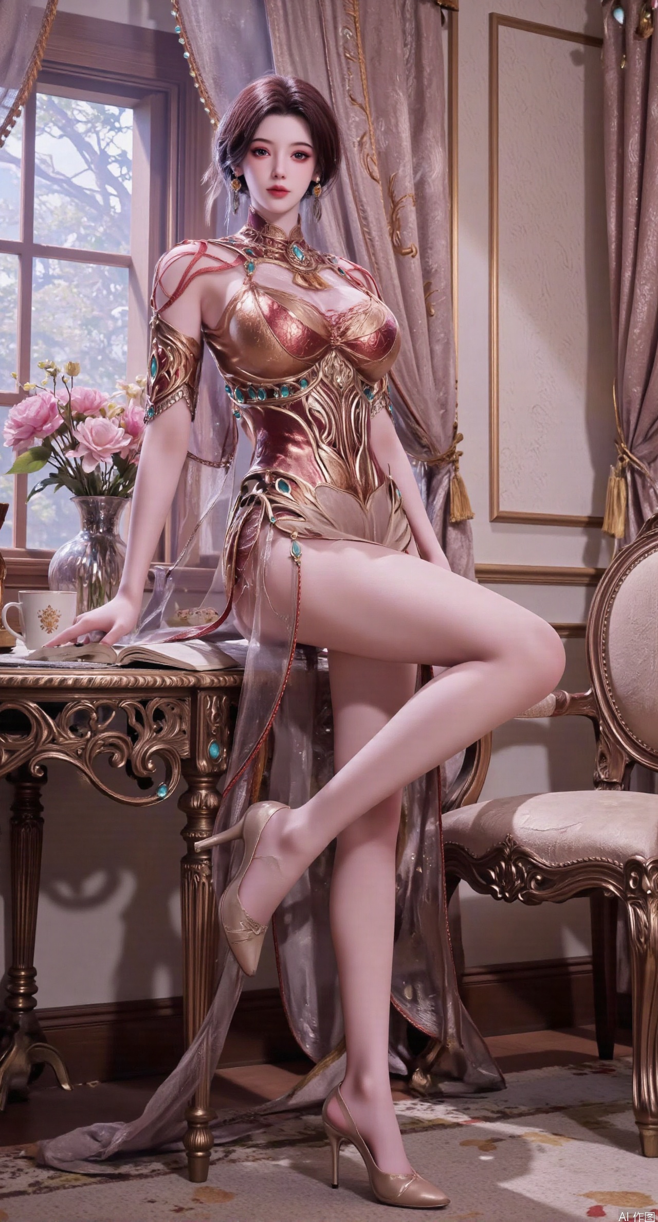 Ultra clear, wallpaper, 8k, masterpiece, 1girl, solo, long hair, breasts, looking at viewer, bangs, large breasts,long dress,, bare shoulders, jewelry, black hair, standing, purple eyes, full body, flower, thighs, indoors, hair bun, long dress, high heels, cup, see-through, book, bare legs, window, table, white footwear, standing on one leg, curtains, pink flower, side slit, vase, ,(huge breasts:2.99),(full breasts:2.99),phone screen,XanmiaoyiY,XhuolingerHHY,XwangqiuerKQW,Xxuenv,Xnanqiuqiu