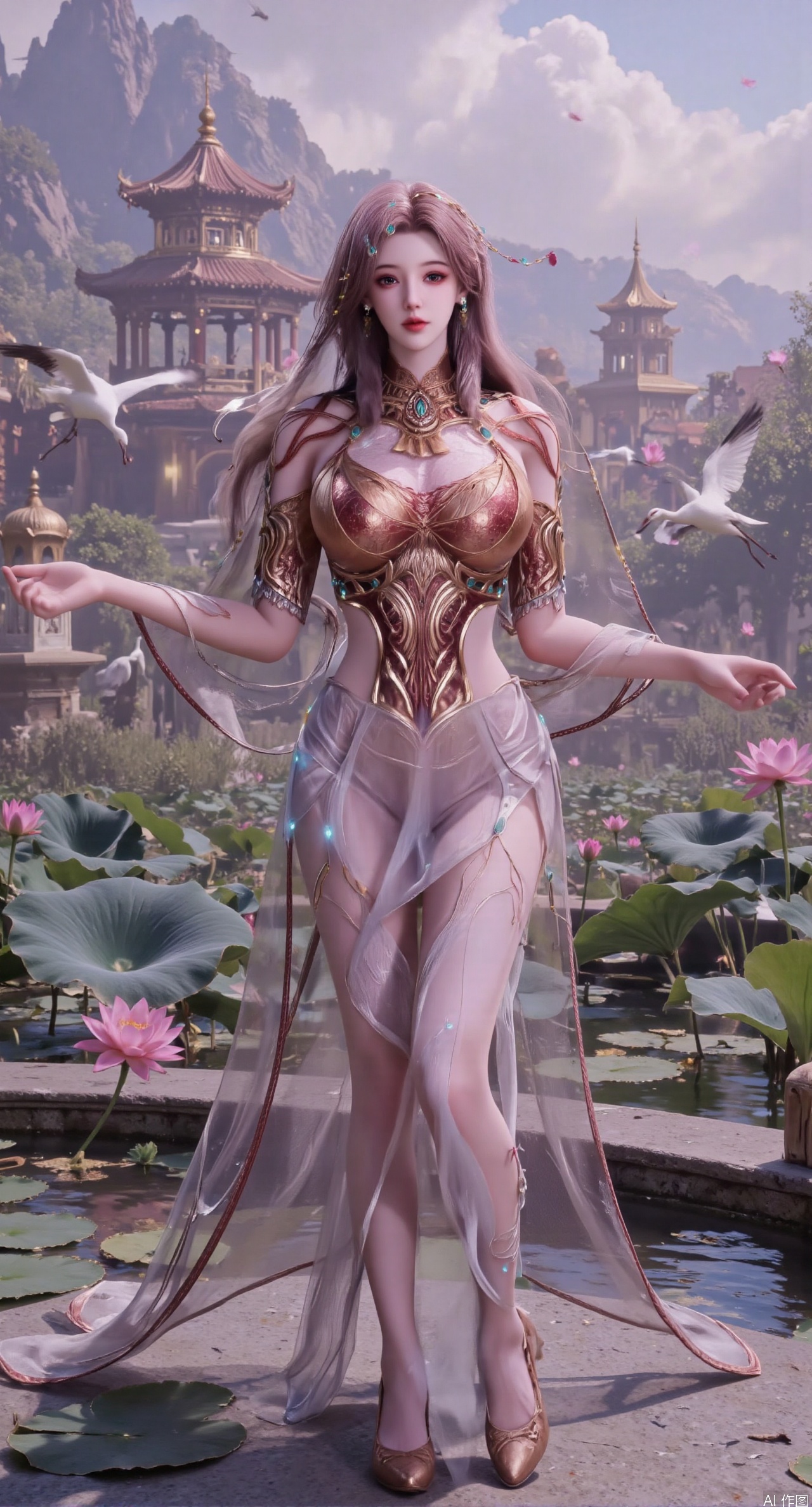 SFW,(masterpiece:1.2),best quality,1girl,solo,long hair,long dress,celestial maiden in flowing tulle gown levitates above lotus pond, ethereal mist trails from hair ribbons, mythical Penglai paradise emerges through clouds with glowing pavilions, translucent bioluminescent lotus blooms, flock of cranes gliding over water surface, ultra HD with soft 3D rendering, morning light filters through mist, falling petal rain, intricate details on scale-patterned fabric and lotus veins.(huge breasts:2.99),(full breasts:2.99),XanmiaoyiY,XhuolingerHHY,XwangqiuerKQW,Xxuenv,Xnanqiuqiu