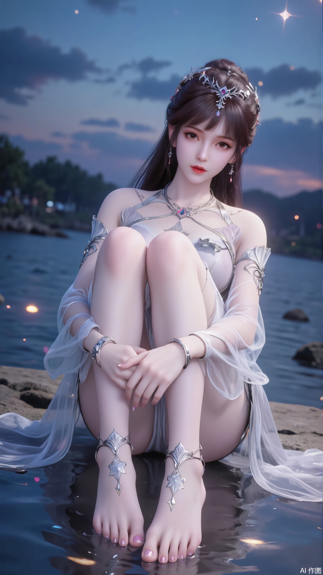 a serene and ethereal scene featuring a woman sitting by a body of water at dusk or dawn. She is dressed in a flowing, sheer garment adorned with star patterns, which complements the celestial theme of the image. Her long, dark hair is adorned with star-shaped accessories, enhancing the night sky motif. The woman's feet are prominently displayed, adorned with intricate star-shaped anklets and a dangling tassel, adding to the fantasy-like atmosphere. The water reflects the soft, glowing stars in the sky, creating a tranquil and dreamlike setting. The overall color palette is dominated by shades of blue and silver, contributing to the mystical and otherworldly feel of the scene.