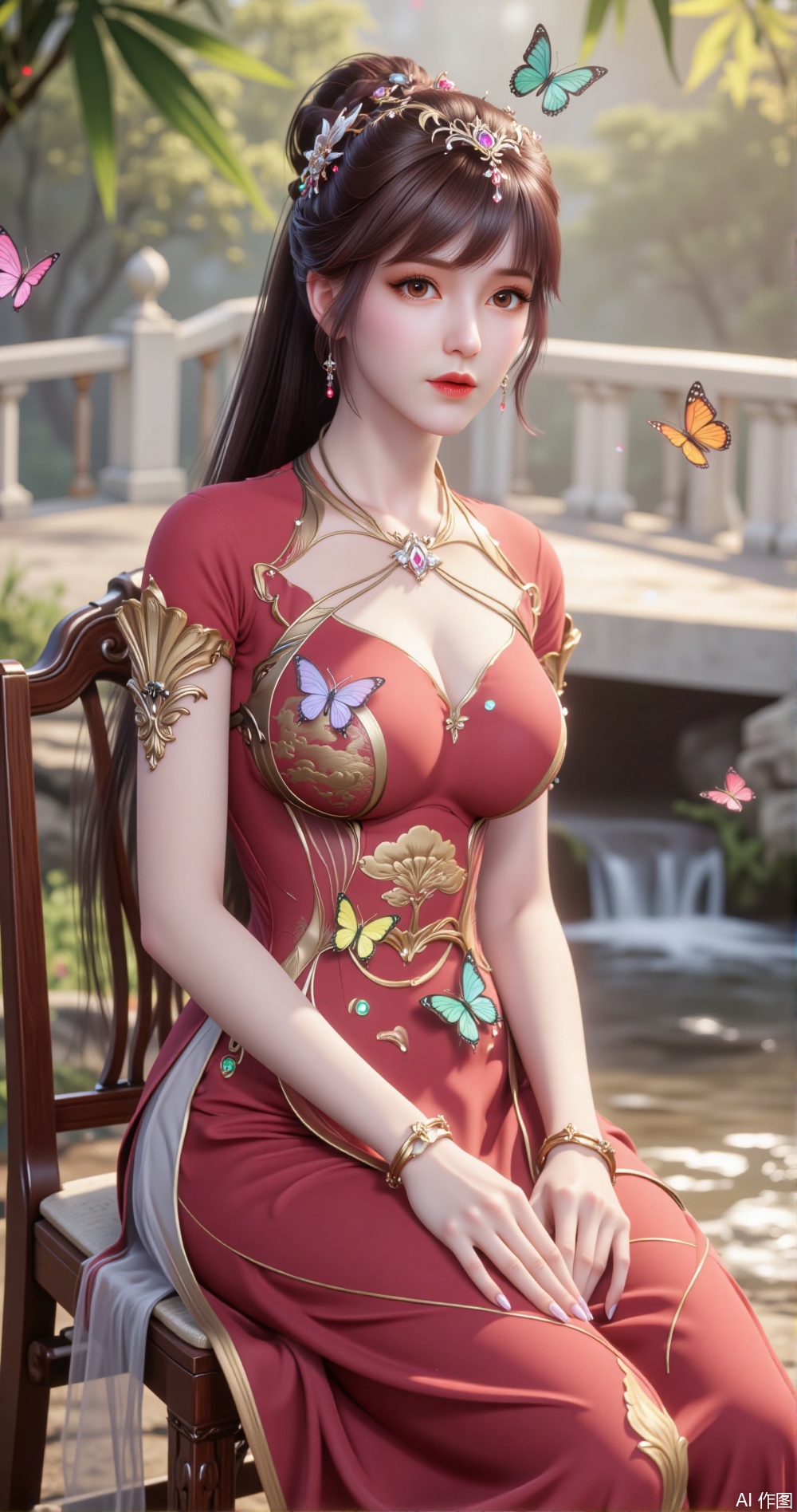 In a classical Chinese courtyard, a woman sits gracefully on a redwood chair. She wears a red Hanfu gown, embroidered with golden clouds and colorful butterflies, featuring shades of pink, orange, lavender, and emerald green, each butterfly lifelike. The hem of her dress sways gently with her movements.

Her upper body is clad in a light gold-colored short jacket, with pearl buttons on the cuffs and collar, simple yet elegant. She wears a pair of golden bracelets, set with colorful gems, matching the butterfly motifs on her dress.

Her hair is styled in an intricate bun, adorned with golden hairpins and colorful ribbons, which sway gently in the breeze. Several real butterflies flutter around her, their wings shimmering with colors that echo her attire. They land on her shoulders and dress, blending seamlessly with her outfit.

The background features a white marble bridge over a flowing stream, with bamboo leaves swaying in the breeze. Sunlight filters through the leaves, casting dappled light on the ground, creating a dreamlike atmosphere.