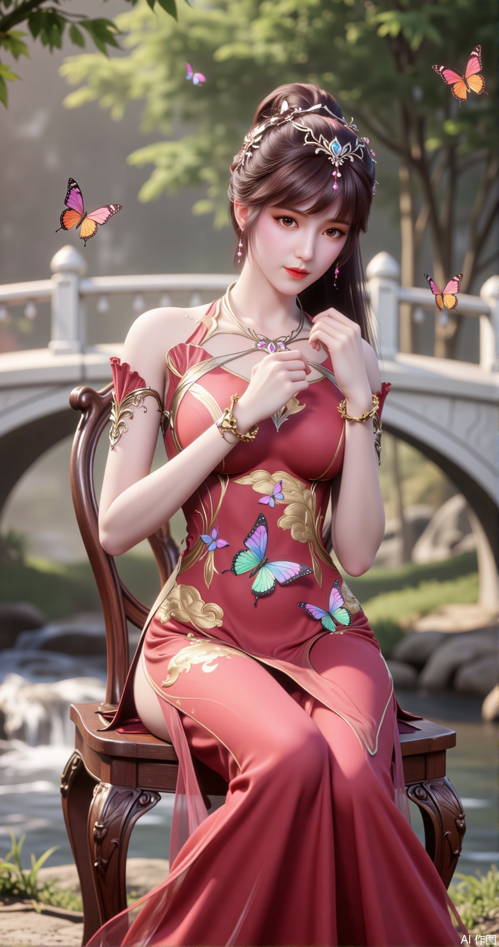 In a classical Chinese courtyard, a woman sits gracefully on a redwood chair. She wears a red Hanfu gown, embroidered with golden clouds and colorful butterflies, featuring shades of pink, orange, lavender, and emerald green, each butterfly lifelike. The hem of her dress sways gently with her movements.

Her upper body is clad in a light gold-colored short jacket, with pearl buttons on the cuffs and collar, simple yet elegant. She wears a pair of golden bracelets, set with colorful gems, matching the butterfly motifs on her dress.

Her hair is styled in an intricate bun, adorned with golden hairpins and colorful ribbons, which sway gently in the breeze. Several real butterflies flutter around her, their wings shimmering with colors that echo her attire. They land on her shoulders and dress, blending seamlessly with her outfit.

The background features a white marble bridge over a flowing stream, with bamboo leaves swaying in the breeze. Sunlight filters through the leaves, casting dappled light on the ground, creating a dreamlike atmosphere.