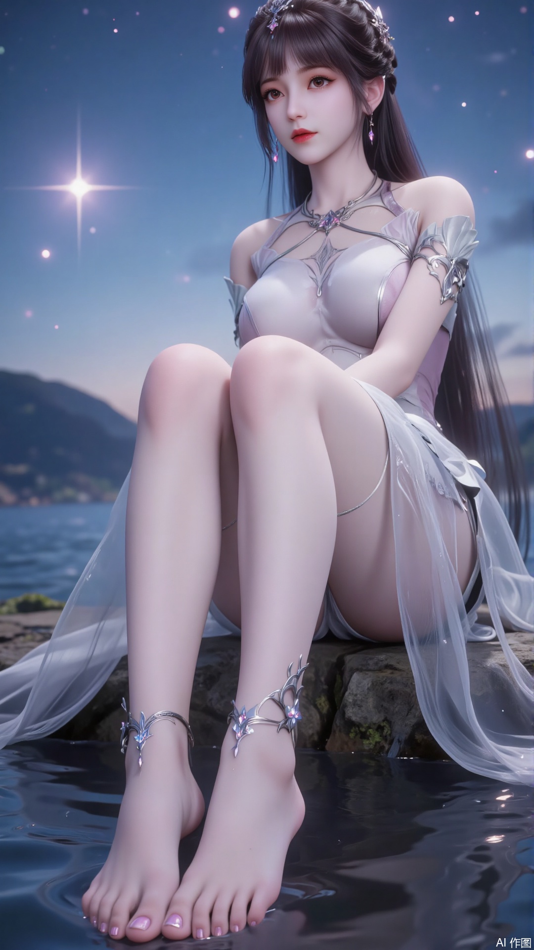 a serene and ethereal scene featuring a woman sitting by a body of water at dusk or dawn. She is dressed in a flowing, sheer garment adorned with star patterns, which complements the celestial theme of the image. Her long, dark hair is adorned with star-shaped accessories, enhancing the night sky motif. The woman's feet are prominently displayed, adorned with intricate star-shaped anklets and a dangling tassel, adding to the fantasy-like atmosphere. The water reflects the soft, glowing stars in the sky, creating a tranquil and dreamlike setting. The overall color palette is dominated by shades of blue and silver, contributing to the mystical and otherworldly feel of the scene.