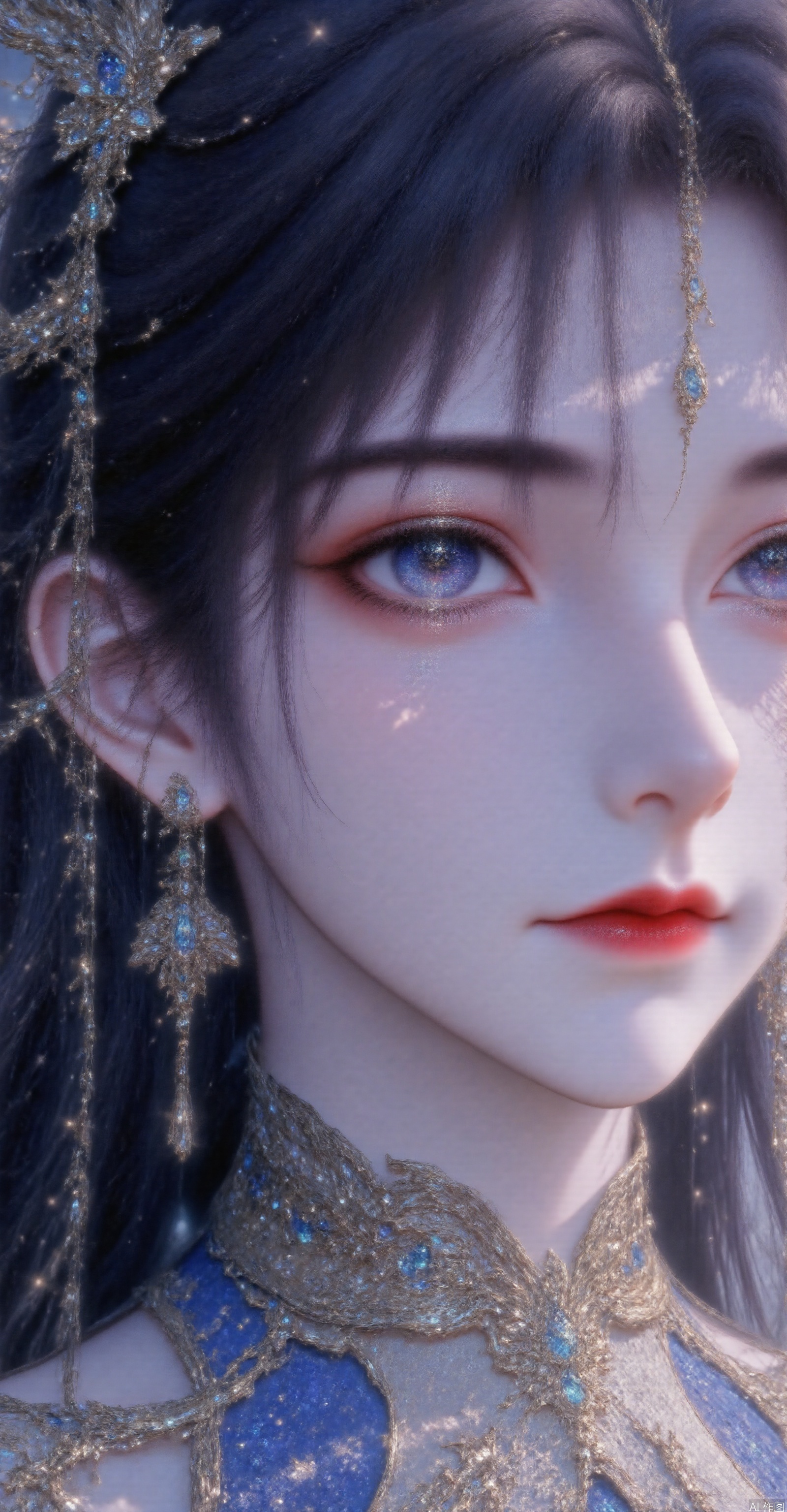 Close up shot, there is a girl. Her long black hair fell like a waterfall. Her eyes were deep and cold, as if there was an endless river of starry sky inside. Her face is very beautiful, but it exudes a cold cold that keeps people away. She was wearing a blue and yellow golden empire robe. This image has realistic 3D modeling effects. The background is the sky of the universe and starry sky, and she stands in the air.