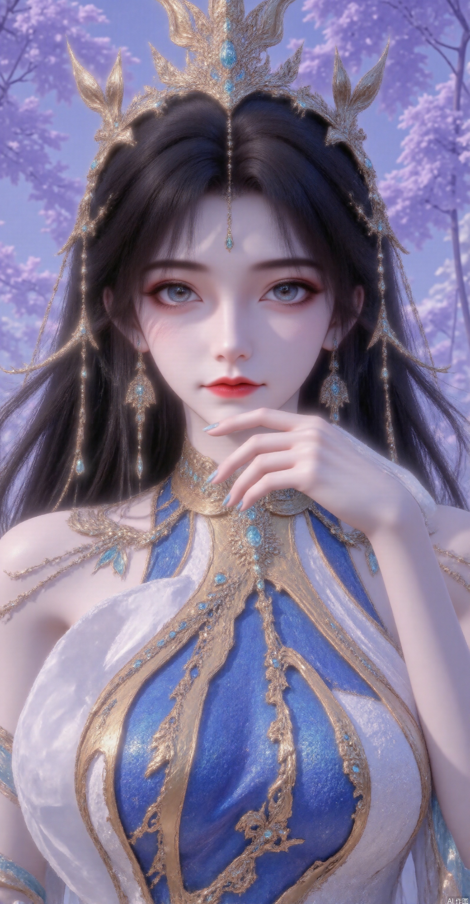 8K masterpiece, ultra HD, award-winning cinematic artwork, Unreal Engine rendering**, a breathtaking solo woman adorned with a gem-encrusted crown, pearl-inlaid earrings and luminous pendant, silky black hair flowing dynamically in the wind, arched eyebrows framing mesmerizing eye makeup with fluttering long eyelashes, graceful figure (elegantly displaying collarbone and neckline), resting her chin thoughtfully with one hand while gazing at the viewer with intriguing eyes. The background features a fantastical purple-blue gradient sky with ethereal drifting clouds, hints of azure blue peeking through, and crystal-clear water droplets suspended magically in the air. **16K ultra-detailed rendering, HDR10+ high dynamic range, professional color gamut calibration, nanometer-level detail sculpting, cinematic lens bokeh, subsurface skin scattering, photon-traced hair rendering, atmospheric perspective effect