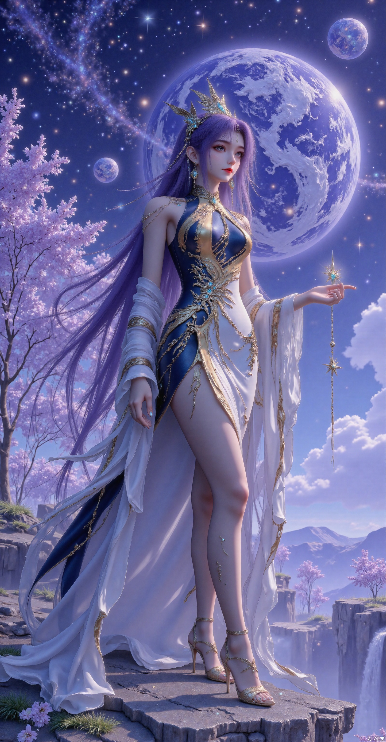 The image depicts a serene and ethereal scene set against a cosmic backdrop. A woman with long, flowing blue hair stands gracefully on a rocky outcrop, her white gown adorned with golden patterns that shimmer in the light. She is surrounded by a network of glowing golden threads that seem to emanate from her outstretched hand, which is holding a small star-shaped object. The background features a stunning view of outer space, with a large planet resembling Earth, surrounded by smaller celestial bodies and a galaxy stretching across the sky. To the left, there are delicate cherry blossom trees, their pink flowers adding a touch of nature to the cosmic setting. The overall atmosphere is one of tranquility and wonder, blending elements of fantasy and the cosmos.wearing a black tight cut-out dress with a black mesh design of lace, black stockings under a short skirt, the surface of the glittering stockings is printed with jacquard textures, and golden high heels, which looks particularly noble and sexy