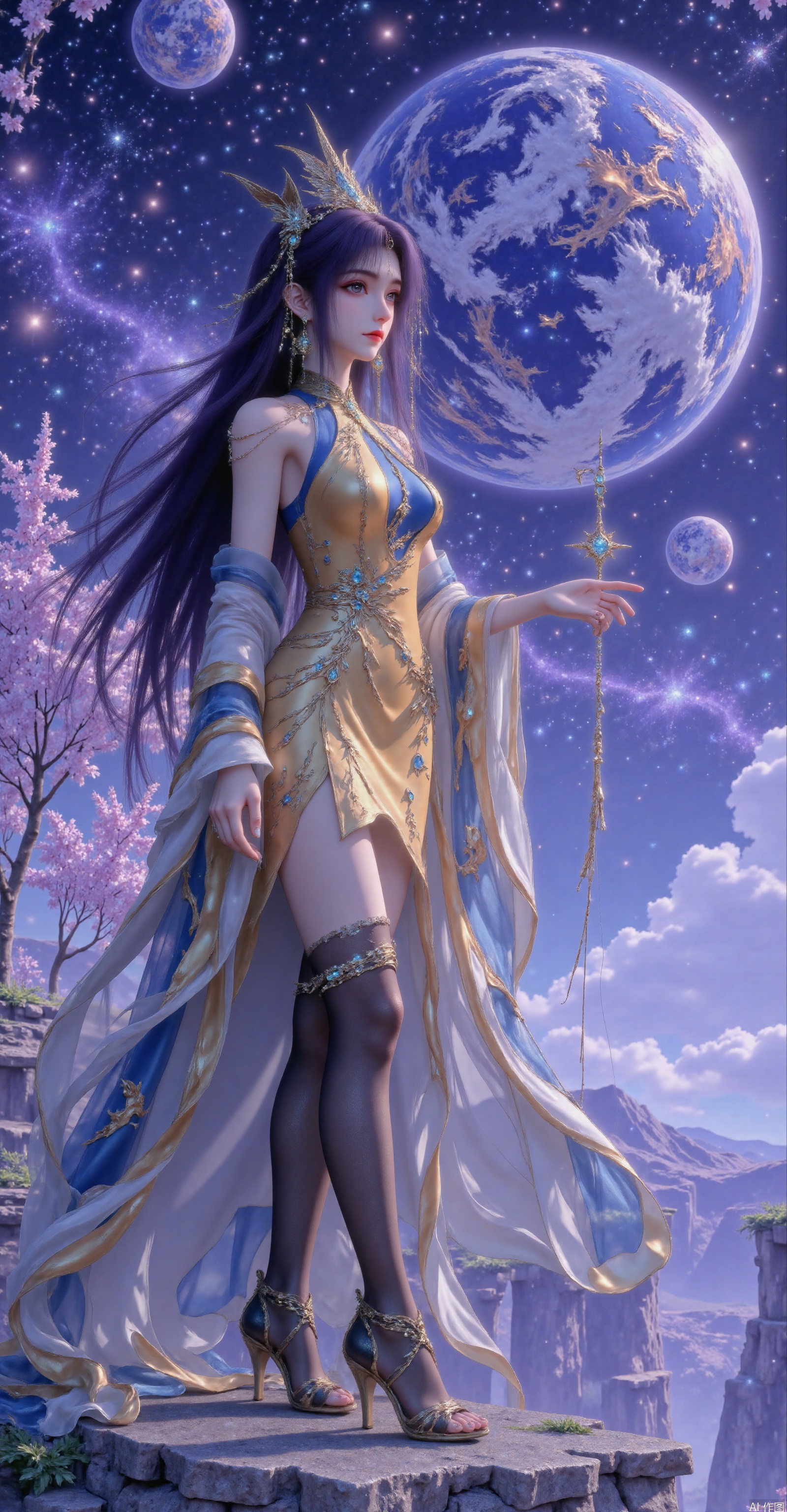 The image depicts a quiet and ethereal scene with the background of the universe. A woman with long and flowing black hair stood gracefully on the rock outcrop, her blue and yellow dress was decorated with golden patterns, glittering. She was surrounded by a network of glowing golden threads that seemed to emanate from her outstretched hand, holding a small star-shaped object. The background has a stunning view of outer space, with a large planet resembling Earth, surrounded by smaller celestial bodies and a galaxy that lie all over the sky. On the left, there are exquisite cherry blossom trees, and their pink flowers add natural flavor to the cosmic environment. The overall atmosphere is one of the mixed elements of tranquility and miracle, fantasy and the universe. With black mesh lace design, the surface of the shiny stockings, decorated with jacquard texture and gold high heels, it looks particularly noble and is high heels.