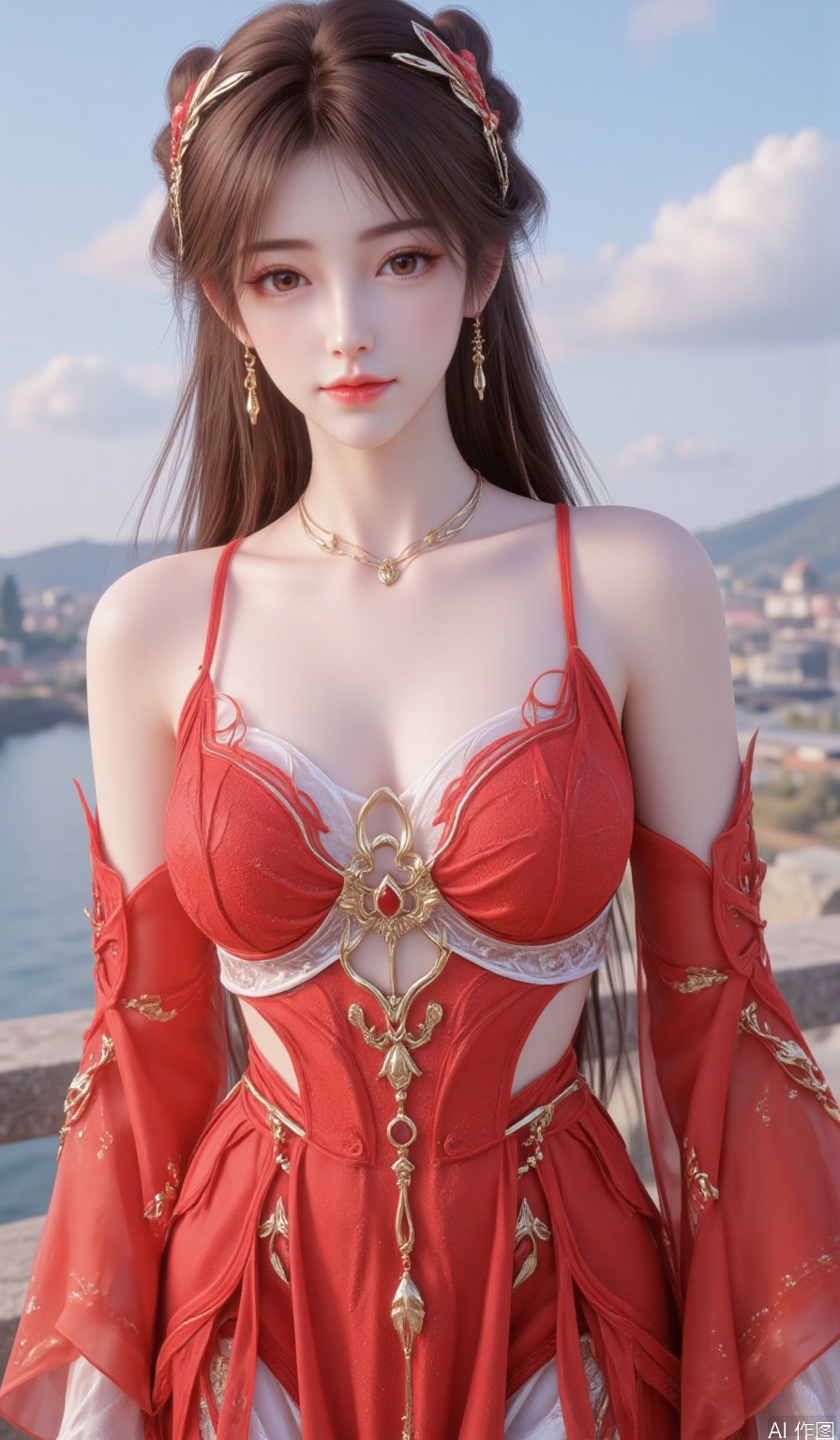 1girl solo long hair looking at viewer brown hair hair ornament dress bare shoulders brown eyes jewelry upper body earrings sky blue sky red dress,huolinger,best quality,Red gilded nails,,hle
