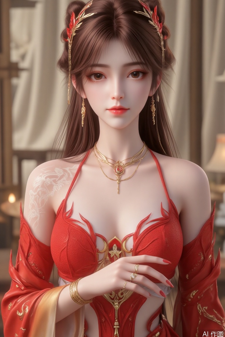 masterpiece,best quality,Realism,hle,huolinger,1girl, solo, long hair, looking at viewer, Brown hair,Eye shadow,Eyelashes, Red strapless sweater,,Bracelet,Necklace,jewelry, nail polish, sweater, lips, fingernails,ring, curtains, realistic, Red gilded nails,There is a golden phoenix pattern on the shoulder.