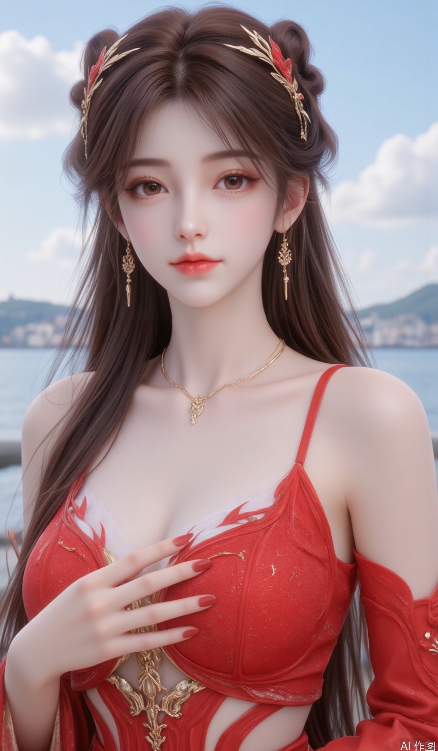 1girl solo long hair looking at viewer brown hair hair ornament dress bare shoulders brown eyes jewelry upper body earrings sky blue sky red dress,huolinger,best quality,Red gilded nails,,hle