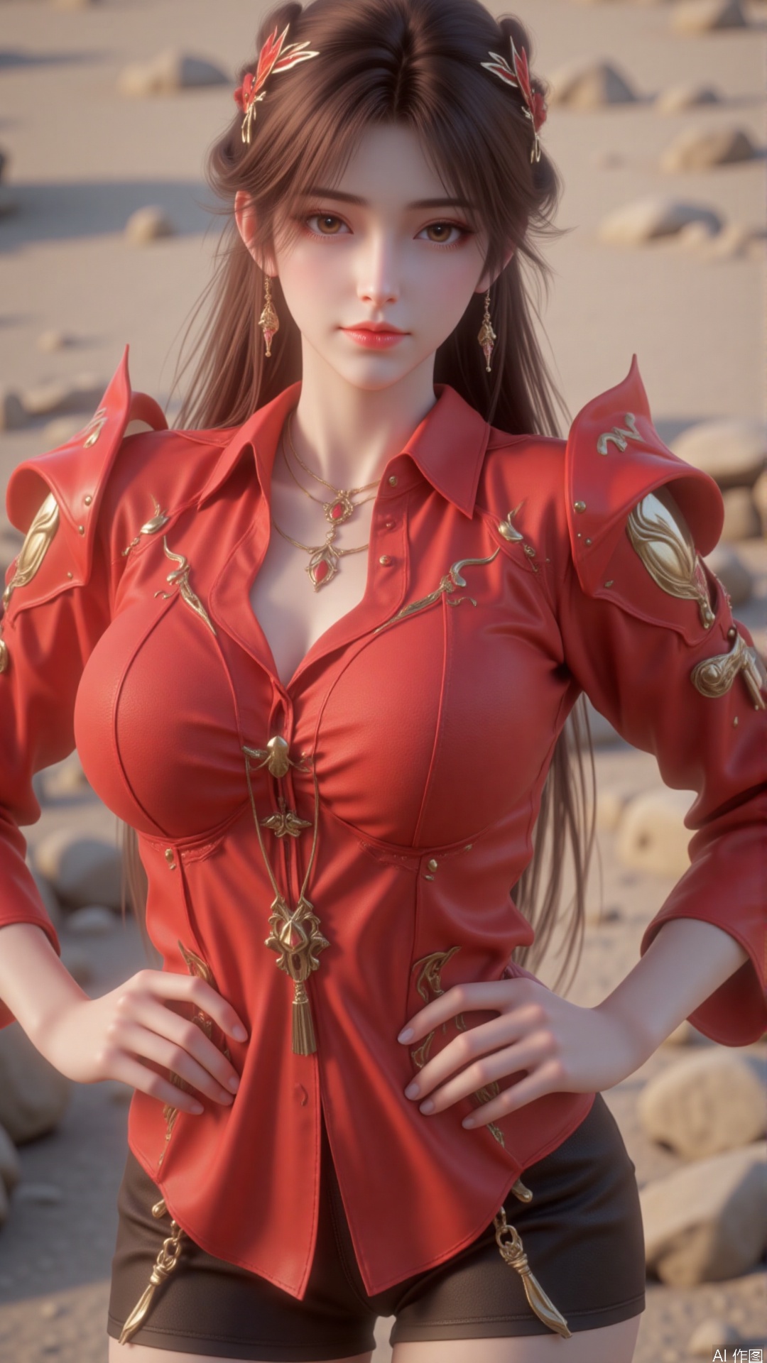 1girl,long hair,red shirt,hands on hips,dnz,Random posture