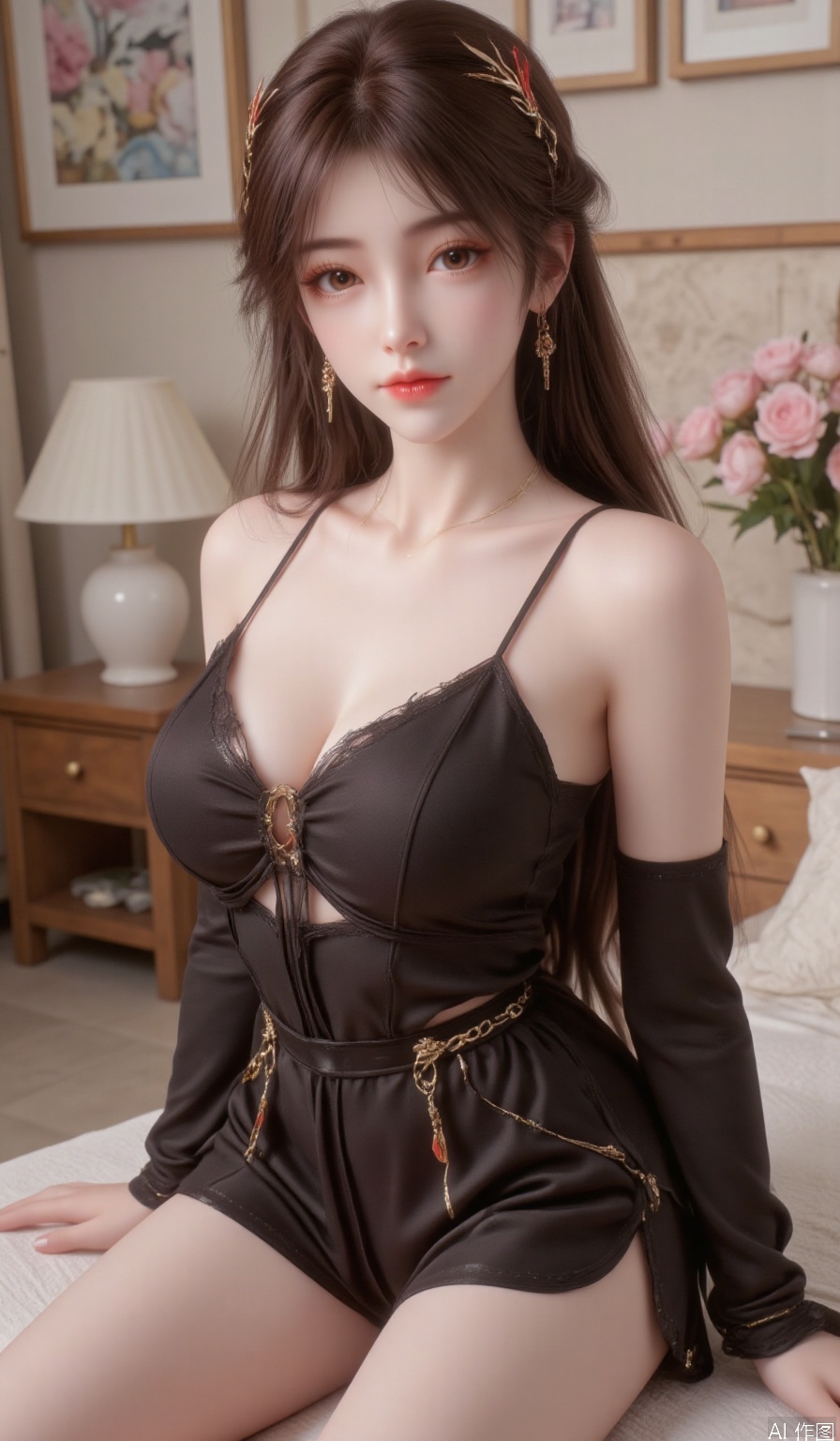 1girl,Long hair,,powder eye shadow,lips,eyelashes,red eyes,Earrings,looking at viewer,pantyhose pull,Black silk jumpsuit,pretty legs,S shape,hle