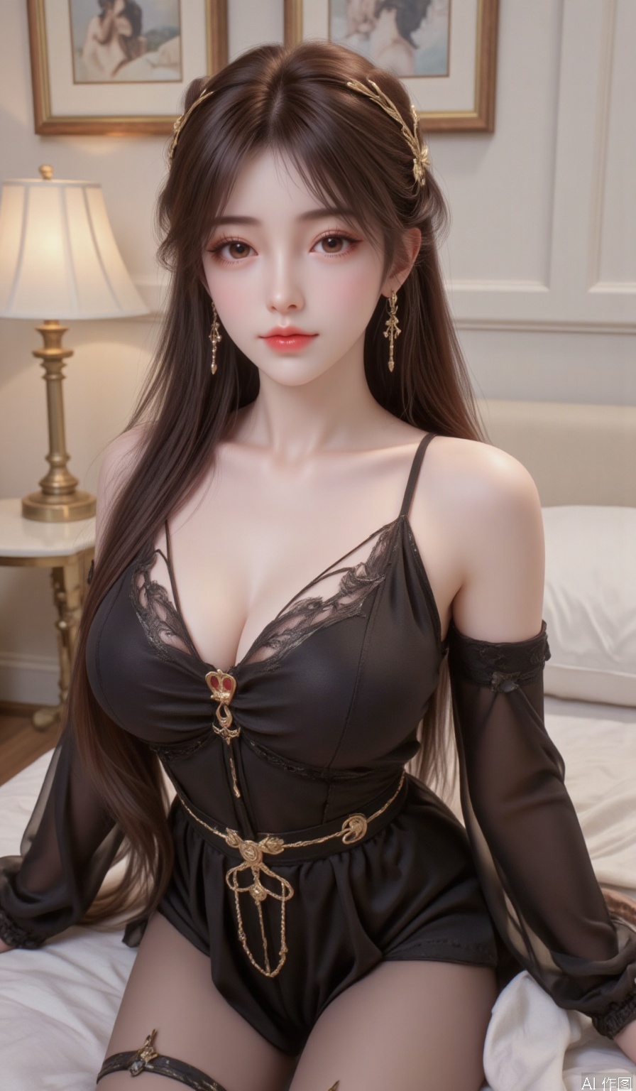 1girl,Long hair,,powder eye shadow,lips,eyelashes,red eyes,Earrings,looking at viewer,pantyhose pull,Black silk jumpsuit,pretty legs,S shape,hle