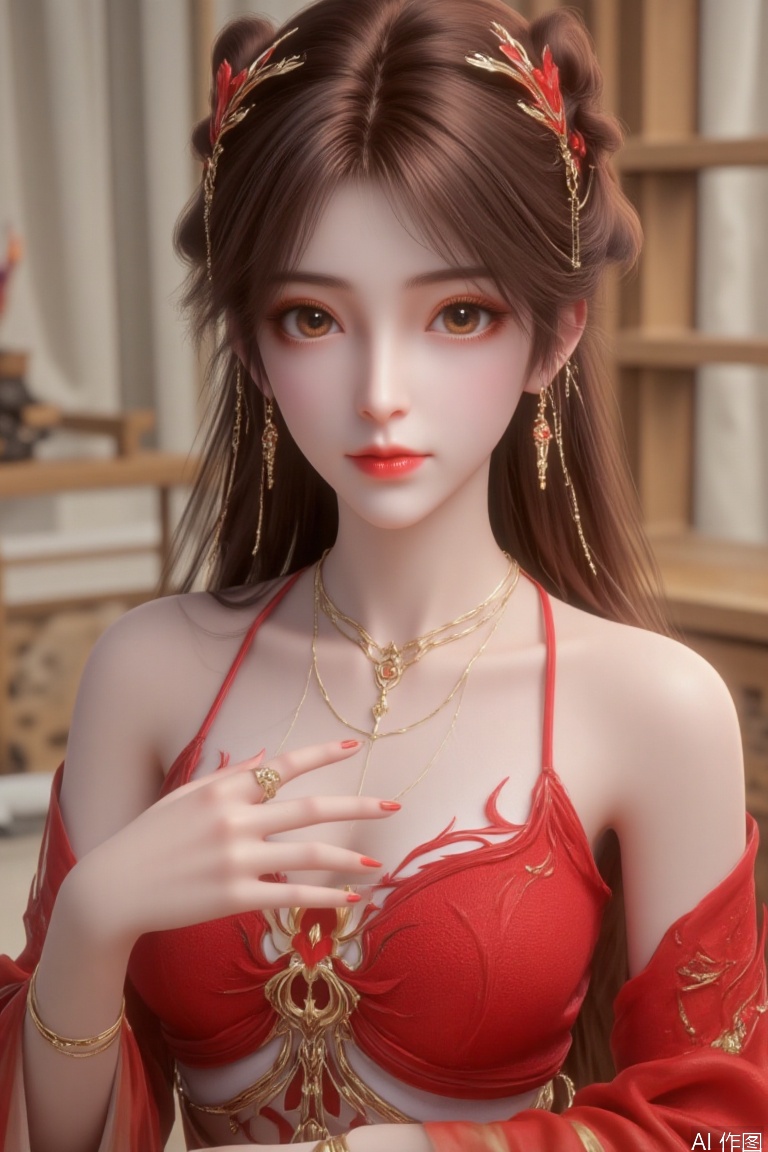 masterpiece,best quality,Realism,hle,huolinger,1girl, solo, long hair, looking at viewer, Brown hair,Eye shadow,Eyelashes, Red strapless sweater,,Bracelet,Necklace,jewelry, nail polish, sweater, lips, fingernails,ring, curtains, realistic, Red gilded nails,
