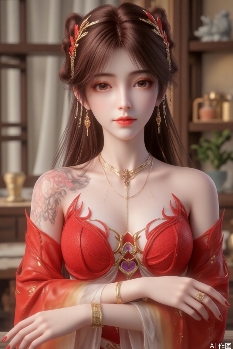 masterpiece,best quality,Realism,hle,huolinger,1girl, solo, long hair, looking at viewer, Brown hair,Eye shadow,Eyelashes, Red strapless sweater,,Bracelet,Necklace,jewelry, nail polish, sweater, lips, fingernails,ring, curtains, realistic, Red gilded nails,There is a golden phoenix pattern on the shoulder.
