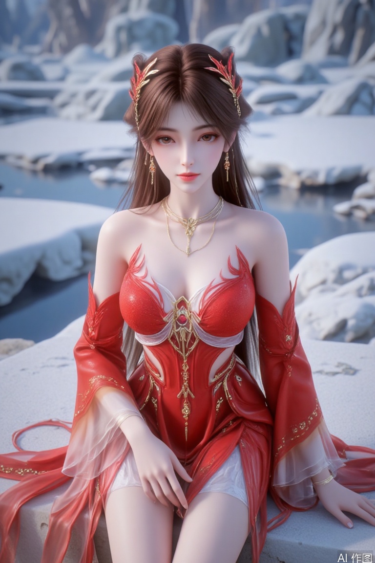masterpiece,best quality,Realistic,Ultra clear, wallpaper, 8k, masterpiece, 1girl, solo, long hair, Brown eyes, hair ornament, dress, bare shoulders, large chest, jewelry, sitting, Brown hair,Eye shadow, earrings, bare legs,barefoot, red dress, ice, crystal, horns, single horn, hand over heart,hle,huolinger