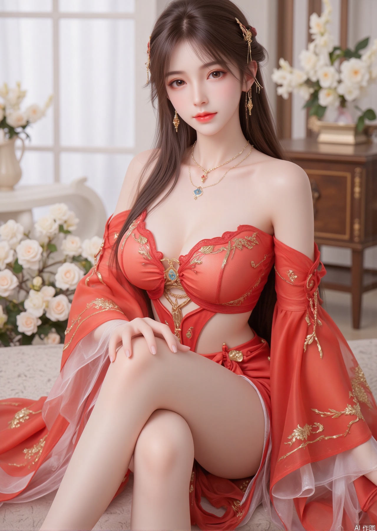 Realistic photo, one young woman, long hair, fair skin, big breasts, off-shoulder, embroidered red transparent Hanfu, long legs, high heels, sitting, full body, luxury living room, flowers,