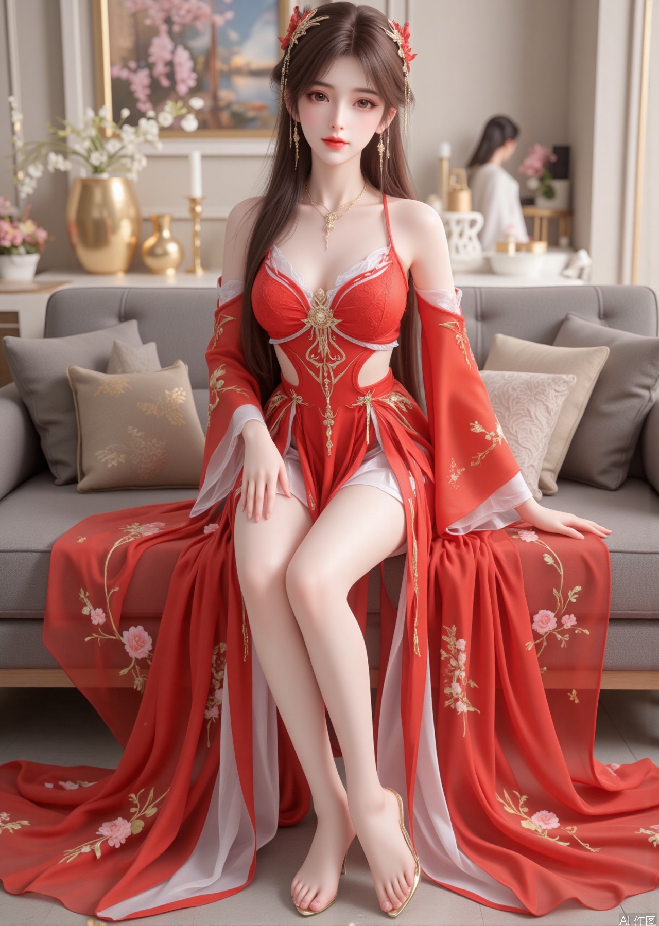 Realistic photo, one young woman, long hair, fair skin, big breasts, off-shoulder, embroidered red transparent Hanfu, long legs, high heels, sitting, full body, luxury living room, flowers,
