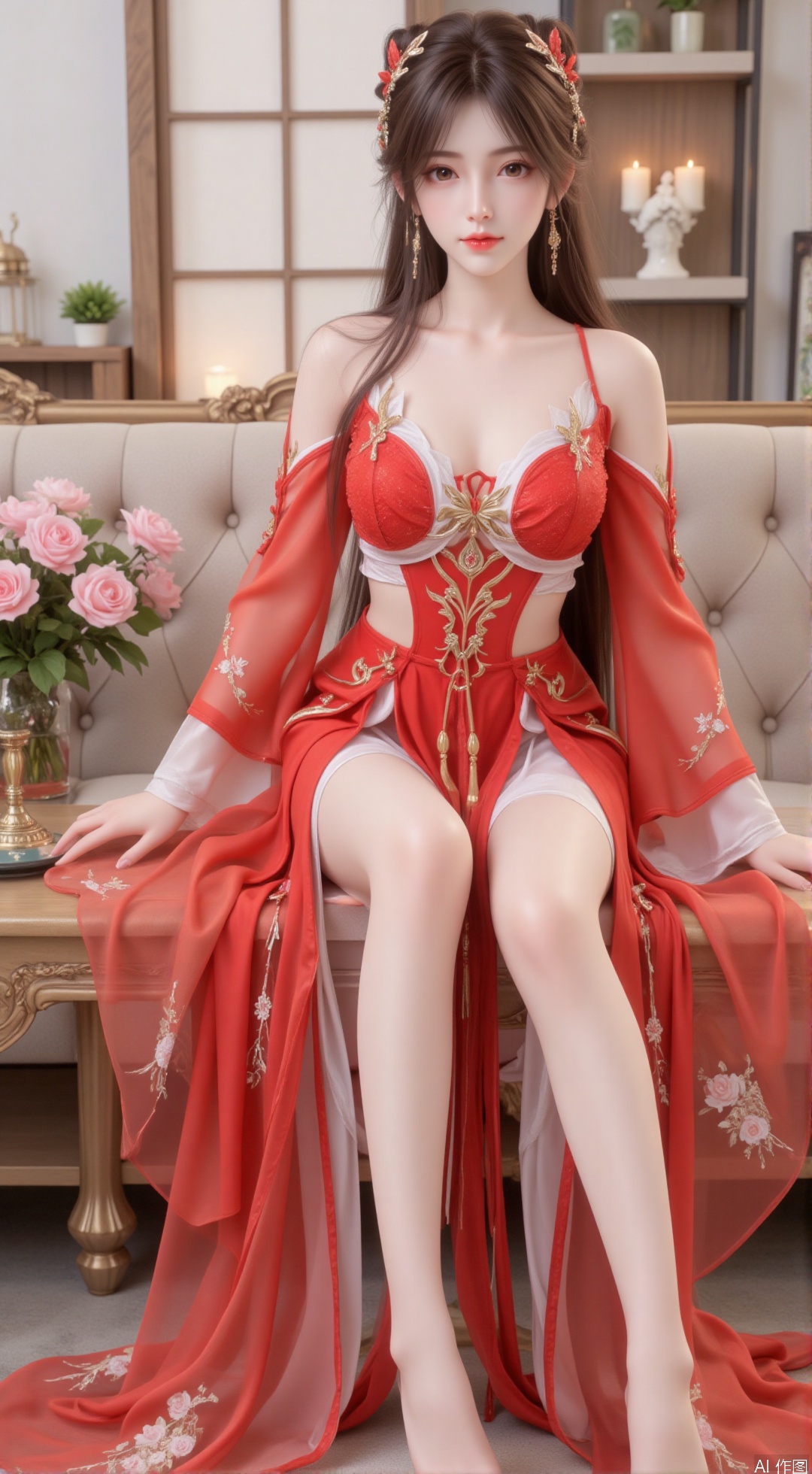 Realistic photo, one young woman, long hair, fair skin, big breasts, off-shoulder, embroidered red transparent Hanfu, long legs, high heels, sitting, full body, luxury living room, flowers,huolinger