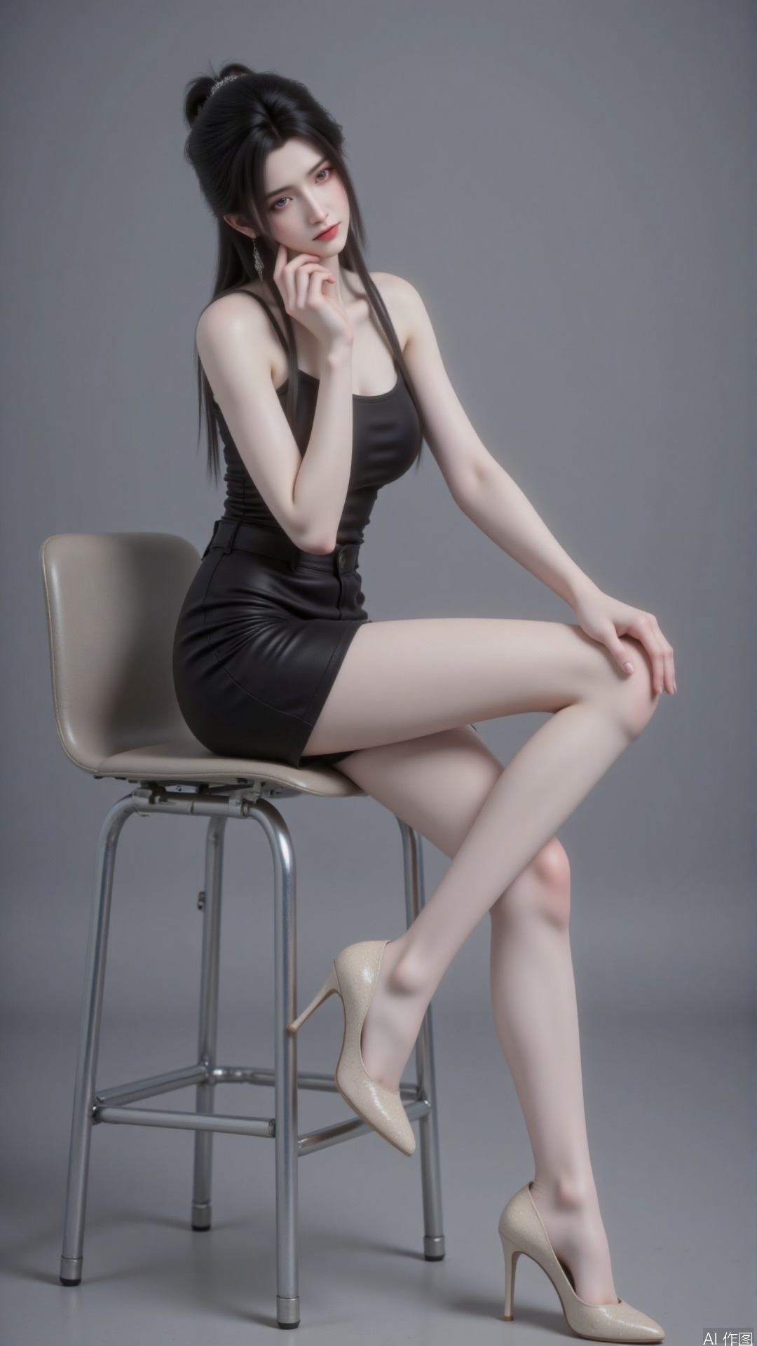 An elegant oriental woman with porcelain skin and amber almond-shaped eyes, her wavy black hair cascading over shoulders. Wearing cream embossed high heels and flesh-colored pantyhose accentuating slender legs, paired with a black pencil skirt. Sitting sideways on a minimalist barstool with crossed legs, fingers gently touching chin in contemplation. Monochromatic grey backdrop enhances dimensional lighting, combining 45° window light with ring fill for luminous glow. Inspired by Angela Costa's fashion portraiture, captured with Hasselblad H6D-400C (85mm f/1.4 lens, ISO200 f/2.8 1/125s). Soft focus and shallow depth of field create ethereal texture, warm apricot tones accented with silver highlights.plns_high heels.