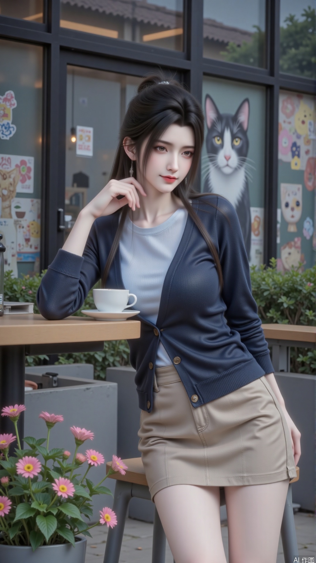 
 
- Overall: Presents a fresh, sweet and life - like atmosphere, giving people a comfortable and cozy feeling.
- Art Style: Realistic style, delicately depicting the characters and scenes with soft and natural colors, having a strong sense of reality.
- Composition: The character is positioned slightly to the right of the center of the picture, forming the visual focus. In the foreground, there is a tabletop, coffee and flowers, and in the background is a cat mural. The layers are distinct and the composition is balanced.
- Character Posture: The body leans slightly forward, with elbows resting on the tabletop. The posture is relaxed and natural, showing a laid - back and casual temperament.
- Perspective: Shot from a平视(eye - level) angle, as if the viewer is in the same space as the character on - site, enhancing the sense of intimacy in the picture.
- Expression: With a smile on the face, bright and soft eyes, conveying a gentle and joyful emotion, full of affinity.
- Hairstyle: Long, shiny black hair falls naturally, and the big wavy curls add a sense of softness, highlighting feminine charm.
- Movement: The main movement is resting on the table, which is natural and not contrived, fitting in with the overall relaxed atmosphere.
- Clothing: A light blue shirt is worn inside, a dark blue knitted cardigan outside, and a khaki pleated short skirt is matched. It combines a preppy style with a casual feel, and the color matching is harmonious.
- Makeup: The makeup is delicate and light. Natural eyebrows, clear - looking base makeup, pink blush and lip makeup highlight a healthy complexion. The overall makeup fits the overall style.
- Matching: The clothing colors are coordinated. In terms of materials, the softness of the shirt, the warmth of the knitted cardigan and the lightness of the short skirt complement each other. Although accessories are not obvious, the overall outfit is simple yet stylish.
- Decoration: The cardigan is dotted with small and exquisite buttons, adding a sense of detail.
- Background: The colorful cat mural is lively and interesting. The windows and the blurred interior scene create a sense of a living scene. The foreground flowers and green plants enrich the picture elements and add vitality.
- Image Quality: The picture is clear and sharp, with rich details, high color reduction and proper handling of light and shadow, showing a high - quality texture.