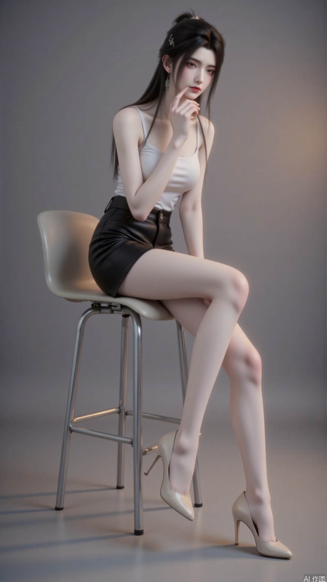 An elegant oriental woman with porcelain skin and amber almond-shaped eyes, her wavy black hair cascading over shoulders. Wearing cream embossed high heels and flesh-colored pantyhose accentuating slender legs, paired with a black pencil skirt. Sitting sideways on a minimalist barstool with crossed legs, fingers gently touching chin in contemplation. Monochromatic grey backdrop enhances dimensional lighting, combining 45° window light with ring fill for luminous glow. Inspired by Angela Costa's fashion portraiture, captured with Hasselblad H6D-400C (85mm f/1.4 lens, ISO200 f/2.8 1/125s). Soft focus and shallow depth of field create ethereal texture, warm apricot tones accented with silver highlights.plns_high heels.