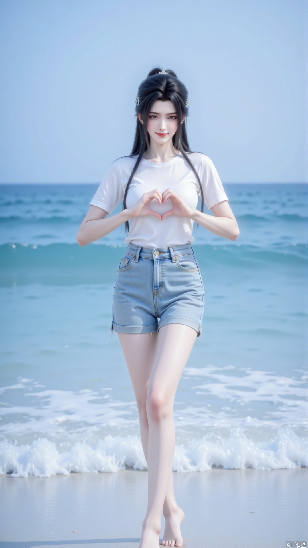 The girl is wearing a white T-shirt. Black long hair, hair accessories. Paired with denim shorts, it feels relaxed and comfortable. She walked barefoot on the beach, smiling at the audience. The background is a blue sea and sky, and the picture is fresh and natural.
Using sea level as a background to create a concise composition.
Mainly in blue and white, highlighting the freshness of the seaside, and appropriately increasing the brightness to make the picture more transparent.Form a heart shape with both hands