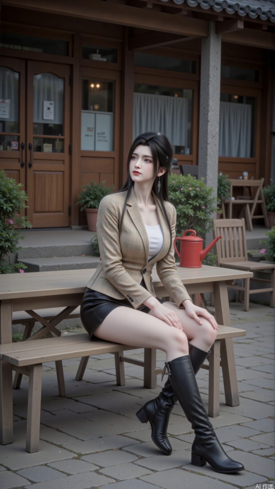 Overall
 
The picture shows a woman sitting惬意(leisurely) on an outdoor seat. The overall atmosphere is relaxed and carefree, conveying a feeling of leisurely enjoying time, as if one is placed in a peaceful and beautiful daily scene.
 
Art Style
 
It has a realistic style. The color tone is soft and warm, and the handling of light and shadow is natural. It delicately restores the true texture of the person and the surrounding environment, giving people a kind and rustic visual experience.
 
Composition
 
The central composition method is adopted. The person is positioned in the center of the picture, surrounded by elements such as seats, green plants, and wooden buildings, forming a natural and harmonious layout of the picture. It not only highlights the main subject but also enriches the layers of the picture.
 
Perspective
 
It is shot from a平视(eye - level) perspective. It seems that the viewer is right beside, naturally observing the state of the person. This perspective makes the picture look real and intimate, without a sense of distance.
 
Expression
 
The face is relaxed, and the eyes are looking towards the sky, showing a serene and惬意(carefree) expression. It seems that she is放空(letting go of) her thoughts and enjoying the leisurely moment. The expression is calm and natural, giving a gentle and soothing impression.
 
Hairstyle
 
The black hair is of shoulder - to - waist length, simple yet stylish, setting off the soft lines of the face and matching the overall temperament.
 
Movement
 
Sitting on a wooden seat, the body leans slightly backward, one hand rests on the edge of the seat, and the legs are crossed. The posture is relaxed and unrestrained, showing a completely comfortable state.
 
Clothing
 
- Upper Garment: A loose brown - yellow checkered blazer. The classic checkered pattern adds a retro - fashionable touch, and the loose fit creates a lazy atmosphere. It is paired with a white inner garment.
- Lower Garment: A black pleated short skirt, echoing the blazer, with a strong sense of unity. The short skirt design reveals the slender leg lines, showing youthful vitality.
- Shoes: Black knee - high boots, simple and elegant, coordinated with the overall outfit style. The long style adds a touch of neatness and handsomeness to the look.
 
Makeup
 
- Base Makeup: Light and natural, evening out the skin tone while retaining the original texture of the skin, presenting a clear and translucent makeup effect, as if with naturally good skin.
- Eyebrow Makeup: The eyebrow shape is natural, and the color is similar to the hair color, softly modifying the eyebrows and highlighting a gentle temperament.
- Eye Makeup: Mainly using light colors, simply blended to make the eyes look bright and expressive. Without overly heavy colors, it maintains a fresh feeling.
- Lip Makeup: Applied with light - colored lipstick, natural and moisturizing, matching the overall light makeup and highlighting a soft and natural style.
 
Matching
 
The overall outfit centers around the checkered element. The combination of the blazer and the short skirt creates a sense of unity. The black knee - high boots serve as an embellishment, balancing the color and style. It is simple yet stylish, showing a casual yet refined matching concept.
 
Accessories
 
There are no excessive and complicated decorations. It only shows the style through natural clothing, simple and pure, highlighting the person's own temperament and the overall atmosphere.
 
Background
 
The doors and windows of the wooden building, the placed green plants, the red watering can, and the rustic ground form a lively outdoor scene full of life. The background elements are rich but not messy, setting off a quiet and natural atmosphere that complements the state of the person.
 
Image Quality
 
The picture has high clarity. The person's hair strands, the texture of the clothing, and the details of the background are all clearly distinguishable. The color reproduction is accurate, and the light and shadow transition is natural, showing a high - quality shooting standard and making the whole picture full of texture.