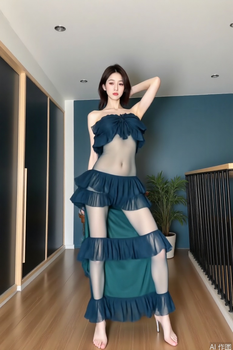 Fish skirt*1.2,masterpiece,best quality,high quality,8k, one young woman, long hair, fair skin, big breasts,, long legs, , looking at viewer,fullbody,in doors