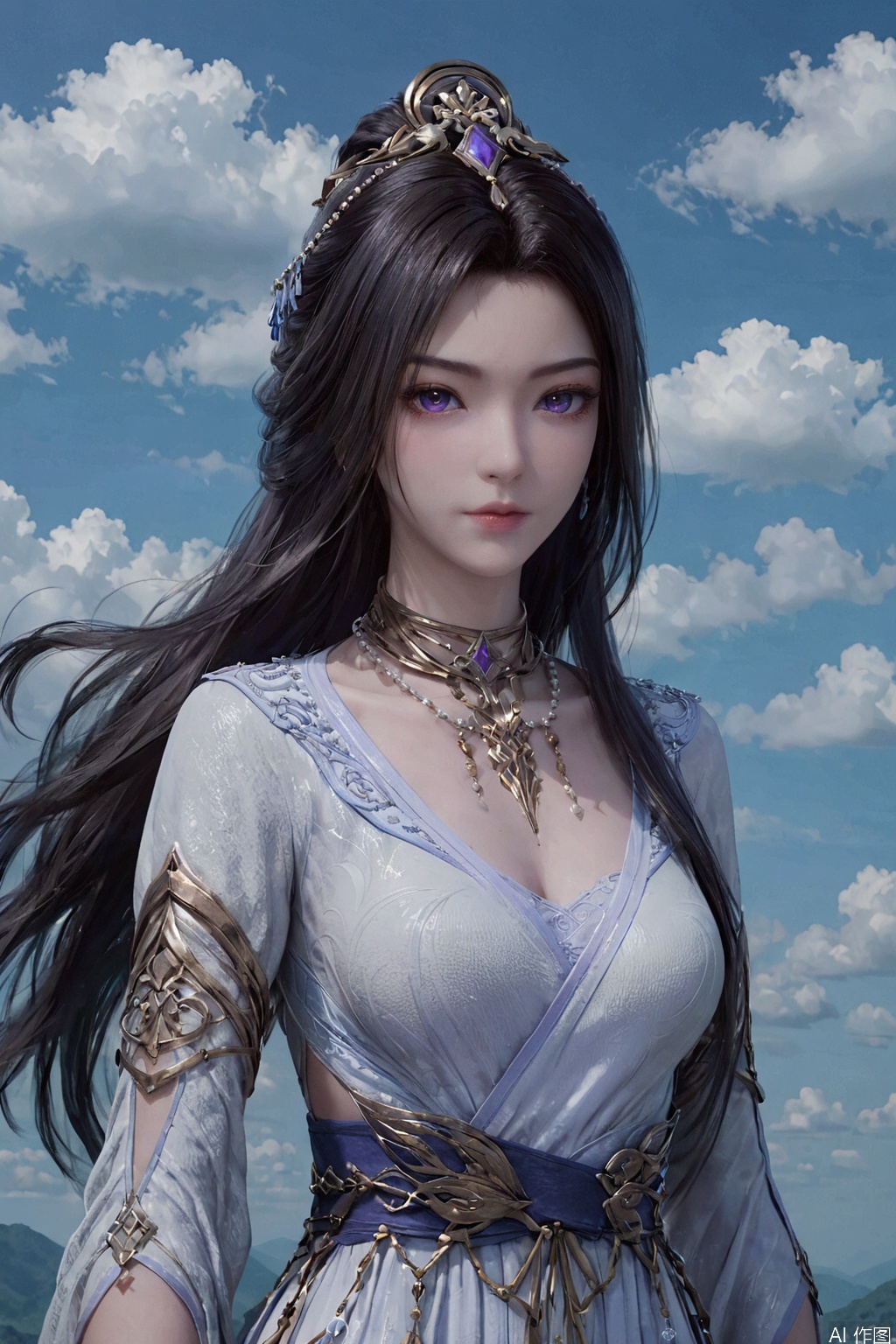 score_9_up,score_8_up,ZiLing,1girl, solo, long hair, looking at viewer, black hair, hair ornament, dress, jewelry, purple eyes, upper body, sky, cloud, necklace, white dress, cloudy sky, 