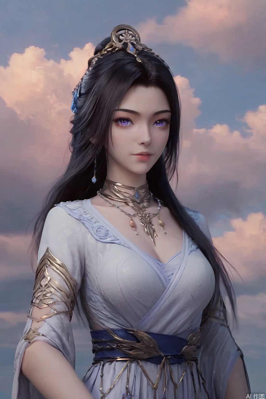score_9_up,score_8_up,ZiLing,1girl, solo, long hair, looking at viewer, black hair, hair ornament, dress, jewelry, purple eyes, upper body, sky, cloud, necklace, white dress, cloudy sky, 
