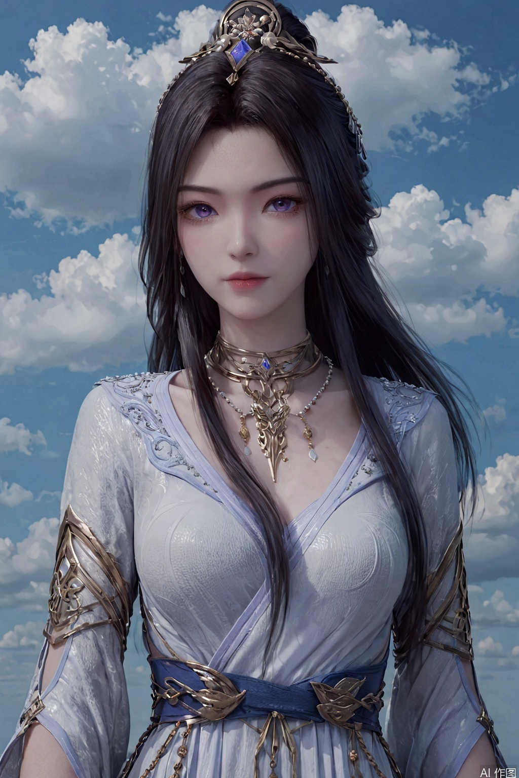 score_9_up,score_8_up,ZiLing,1girl, solo, long hair, looking at viewer, black hair, hair ornament, dress, jewelry, purple eyes, upper body, sky, cloud, necklace, white dress, cloudy sky, 