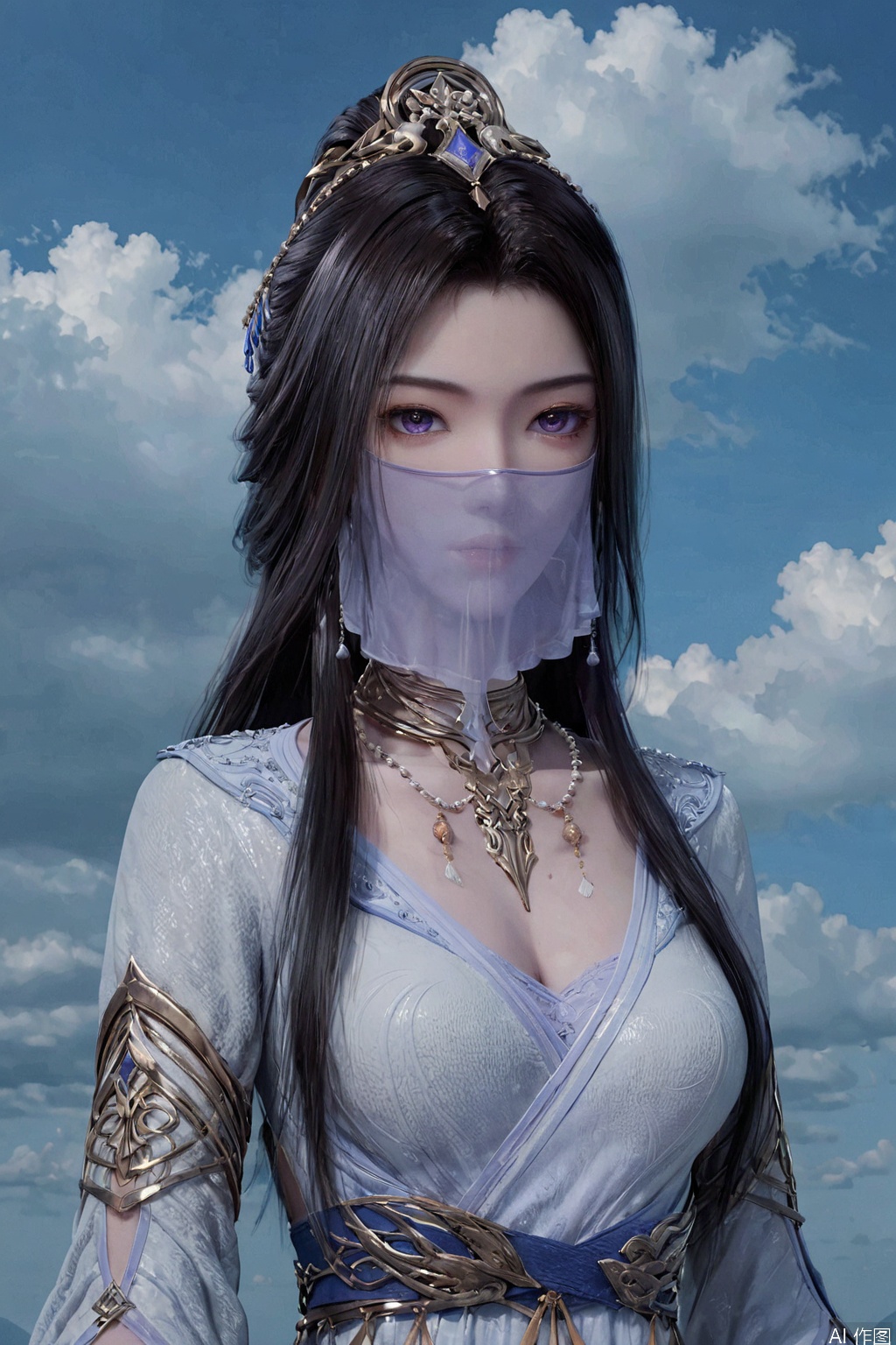 score_9_up,score_8_up,ZiLing,1girl, solo, long hair, looking at viewer, black hair, hair ornament, dress, jewelry, purple eyes, upper body, sky, cloud, necklace, white dress, cloudy sky, veil, mouth veil