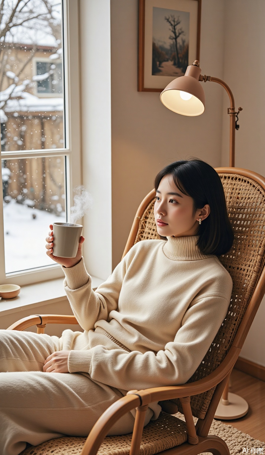 Mixed-blooded face woman curled up in a rattan rocking chair in a beige turtleneck sweater, holding a steaming mug in her hand and staring at the snowy scene outside the window. The living room design that combines Nordic style and gentle wind. The panoramic glass window shows the dry landscape courtyard covered with snow. The portrait is realistic, two-tone tone temperature light, and the floor lamp is warm and halo dyed