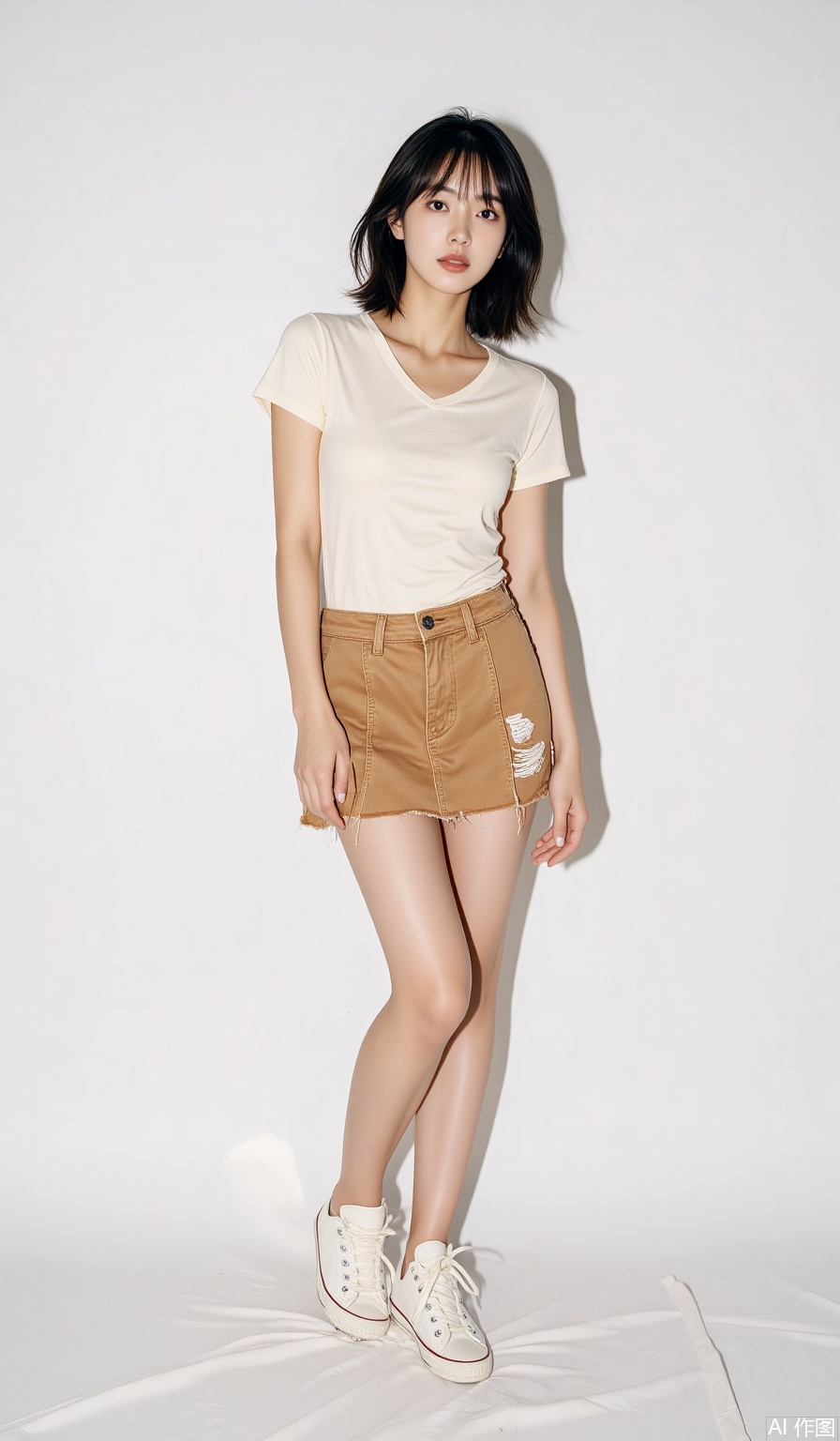 Portrait photography, tall girl, delicate three-dimensional facial features, fair skin, short hair with bangs, playful and cute, tight short T-shirt with high waist pleated skirt, and then a pair of white sneakers, youthful vitality reveals a little temptation, straight and slender legs, standing and posing, looking at the camera, full body shot, pure white minimalist background, medium-telephoto lens, low angle upward shooting, center composition, soft side light, light and shadow contrast, fluffy hair and wrinkles of clothes, natural texture, realistic style, 8K high-definition picture quality, ultra-high detail accuracy, high-level sense, master-level works.