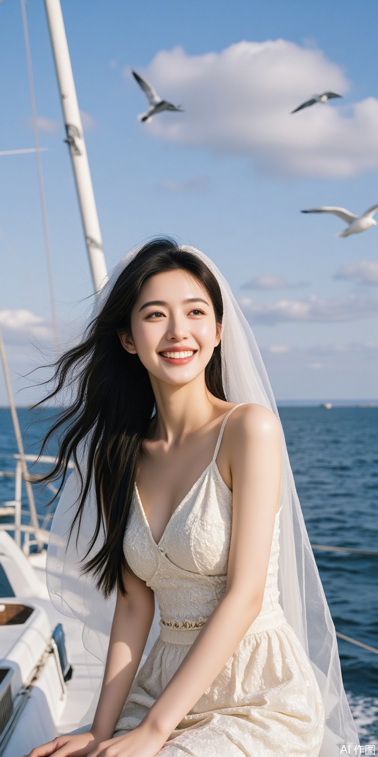 A beautiful woman has long hair, a smiling face, wearing a veil, standing on a yacht looking into the distance. The weather is clear, the blue sky and white clouds, and seabirds fly freely in the air.